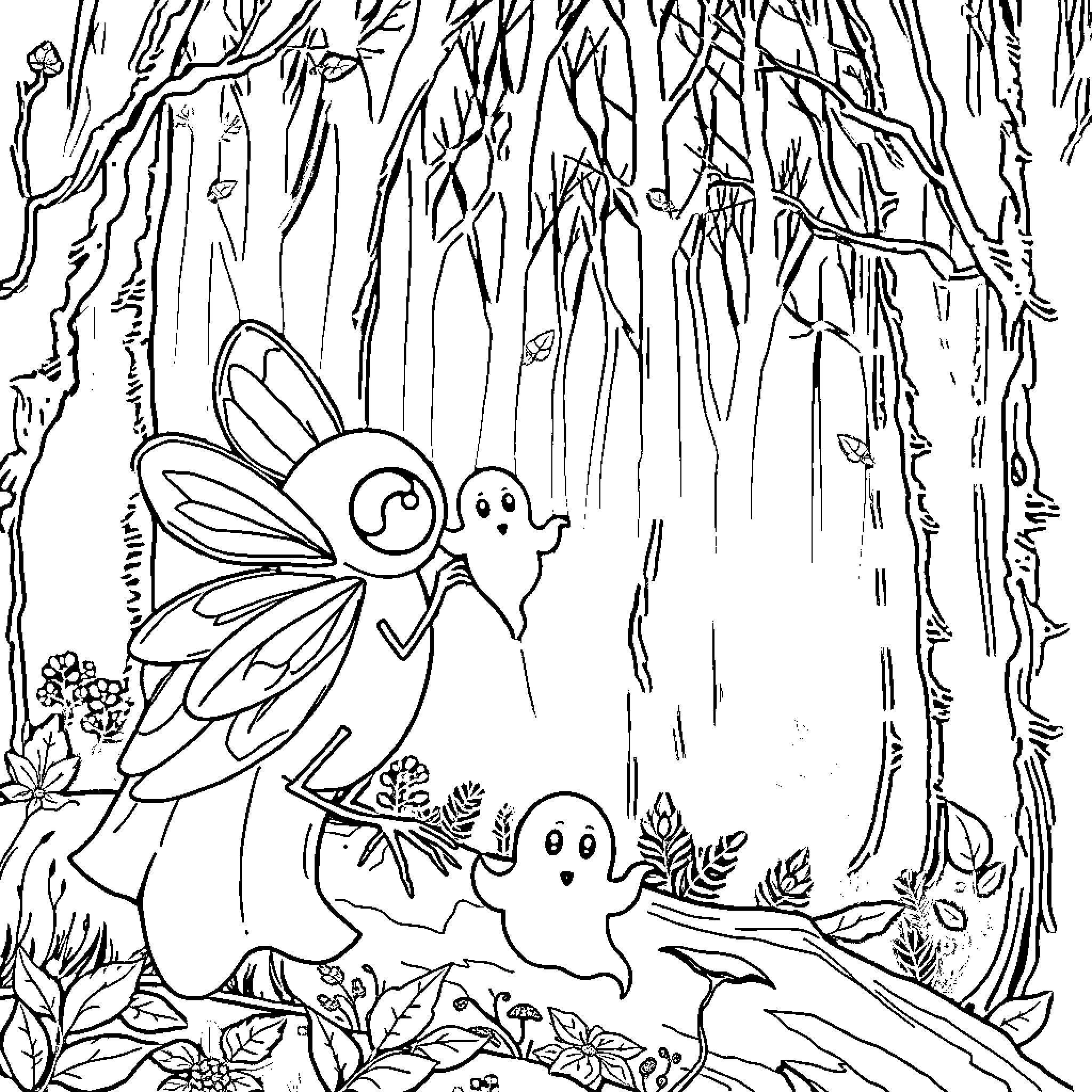 Pumpkin Spirits and Ghosts in Spooky Forest Coloring Page (free black-and-white line drawing printable PDF for all, from beginners to advanced learners, including children, teens, adults, and seniors)