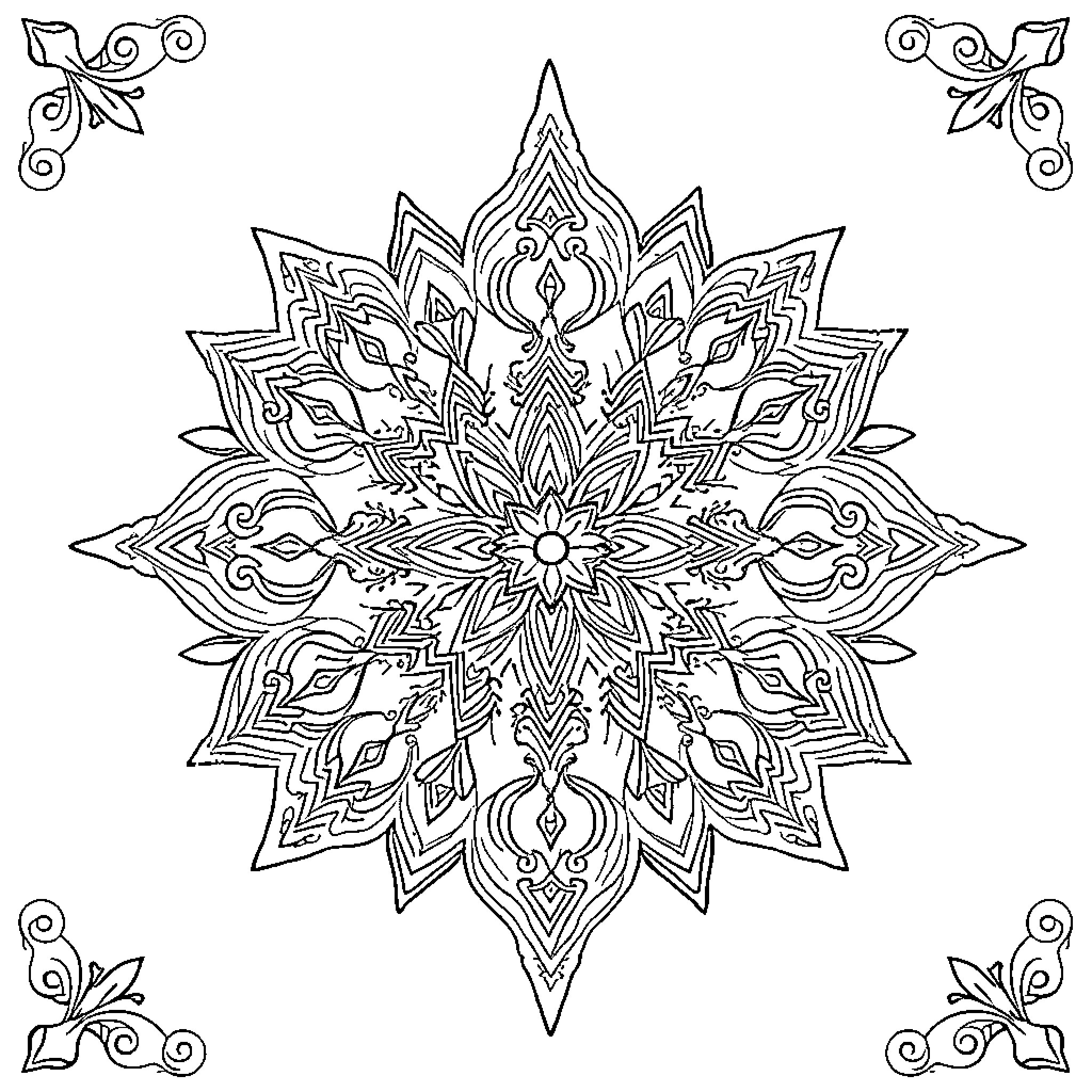 Arabesque Intricate Mandala Design Coloring Page (free black-and-white line drawing printable PDF for all, from beginners to advanced learners, including children, teens, adults, and seniors)