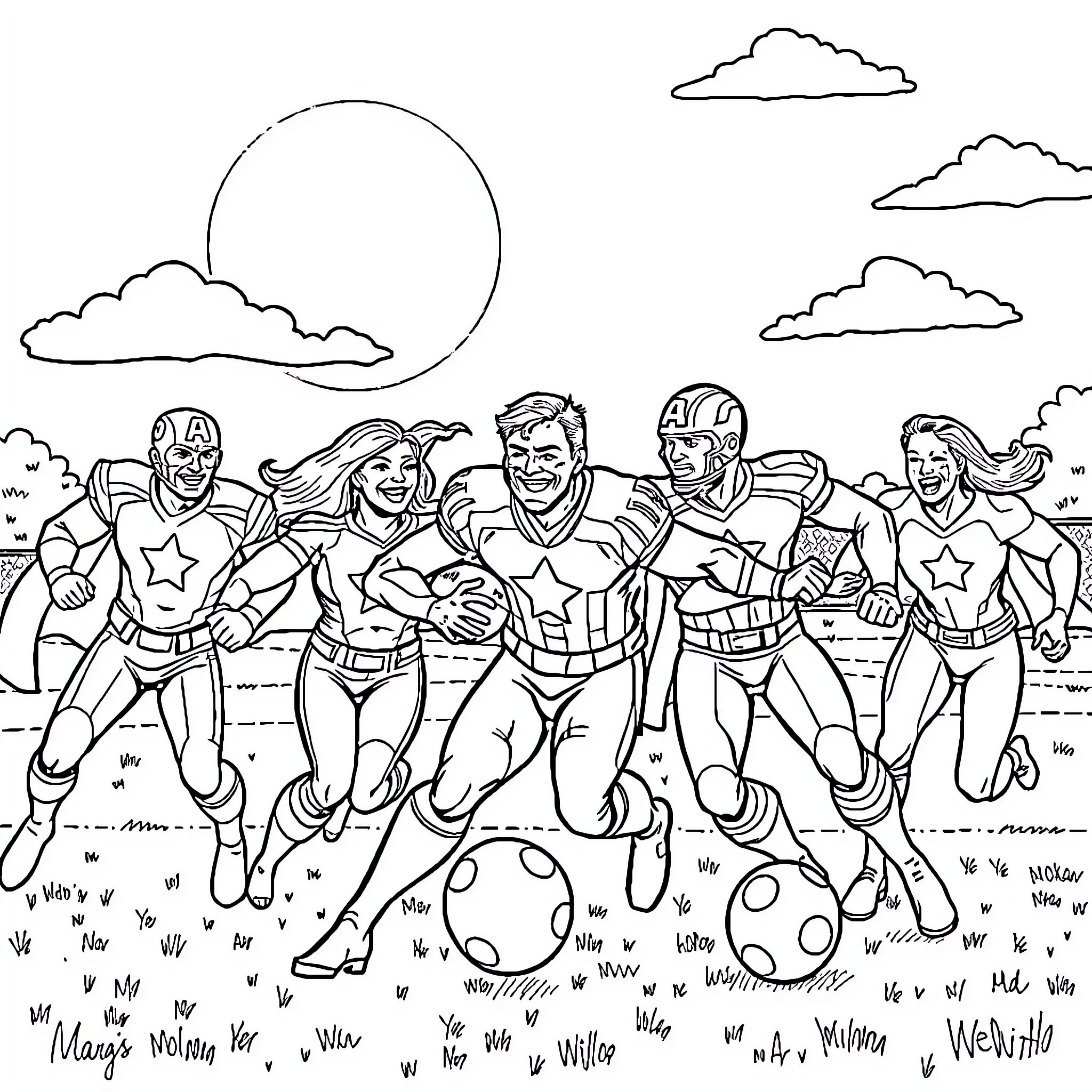 Avenger heroes leaping into action in a thrilling scene Coloring Page (free black-and-white line drawing printable PDF for all, from beginners to advanced learners, including children, teens, adults, and seniors)