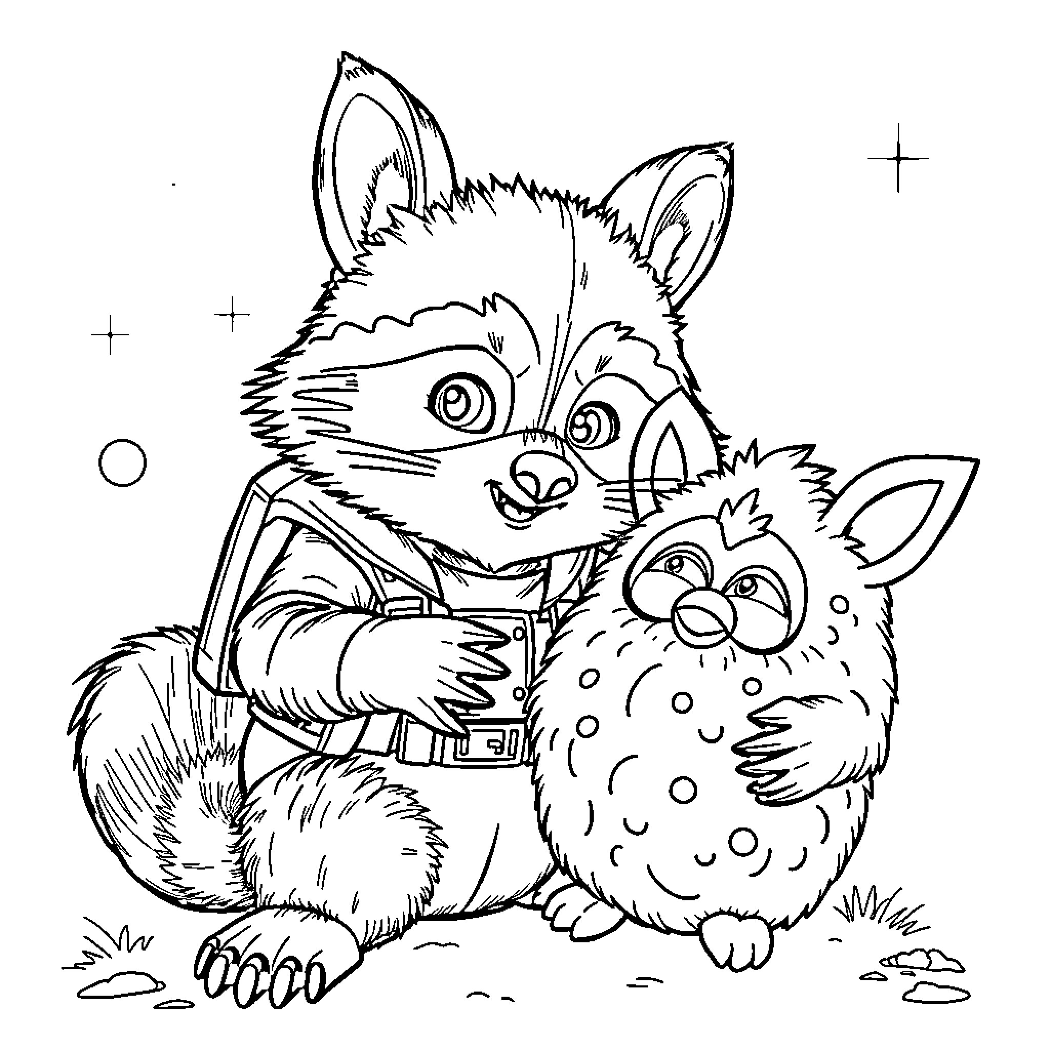 Rocket Raccoon and Furry Companion Exploring Outdoors Coloring Page (free black-and-white line drawing printable PDF for all, from beginners to advanced learners, including children, teens, adults, and seniors)