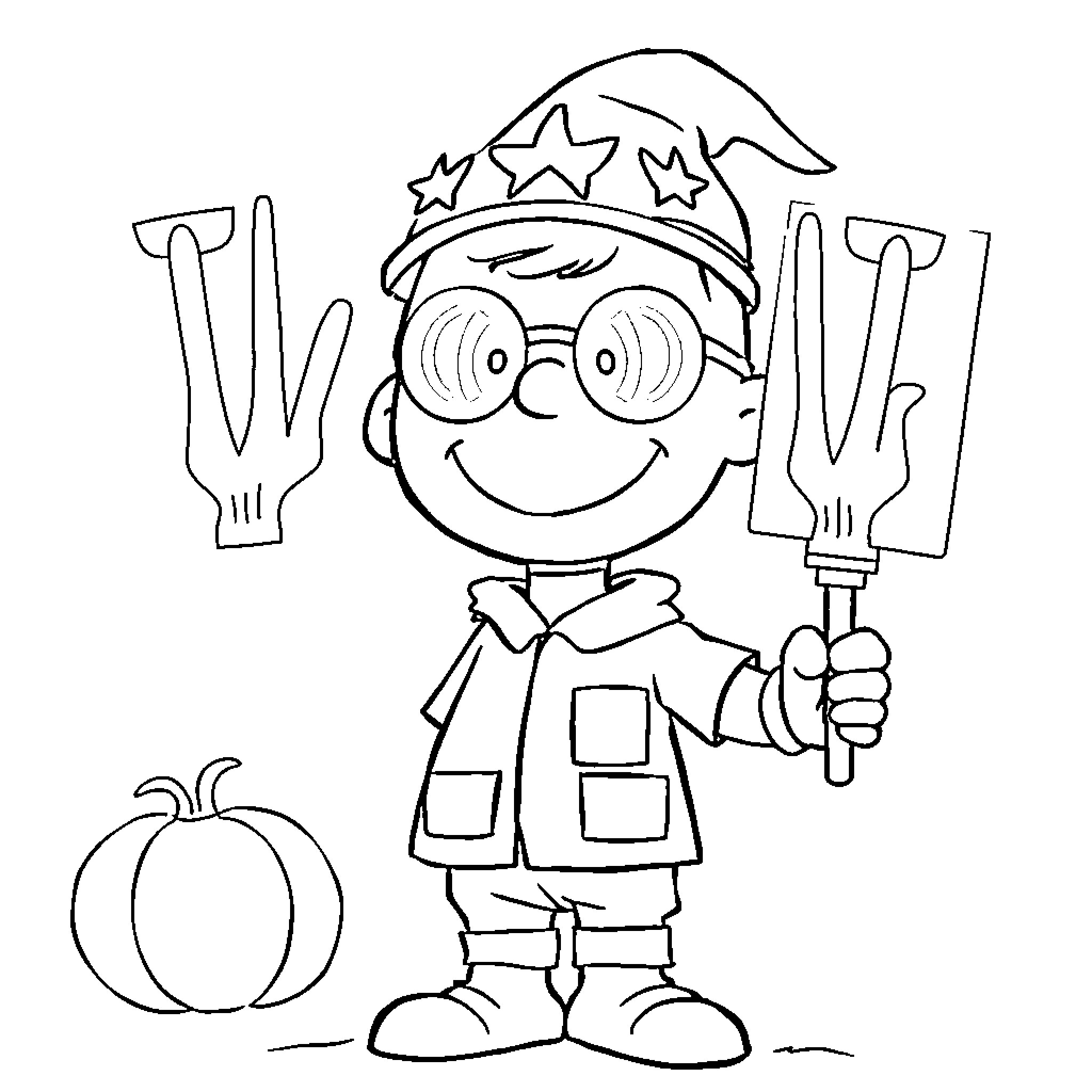 Charlie Brown dressed as a Halloween character holding utensils Coloring Page (free black-and-white line drawing printable PDF for all, from beginners to advanced learners, including children, teens, adults, and seniors)