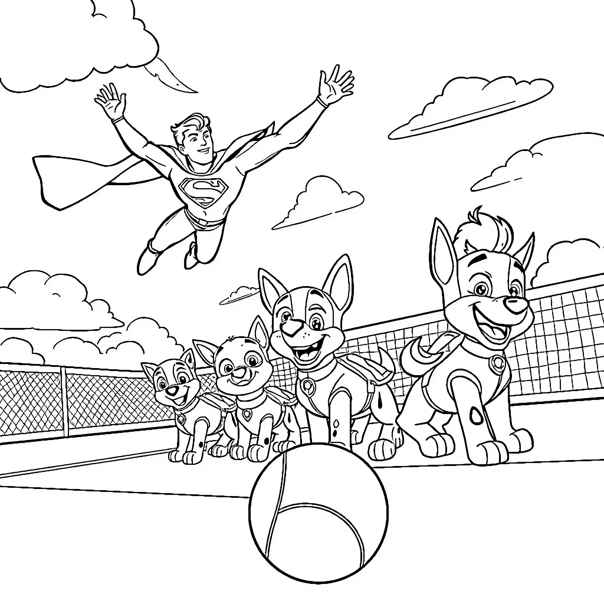 Superhero flying over playful puppies and ball Coloring Page (free black-and-white line drawing printable PDF for all, from beginners to advanced learners, including children, teens, adults, and seniors)