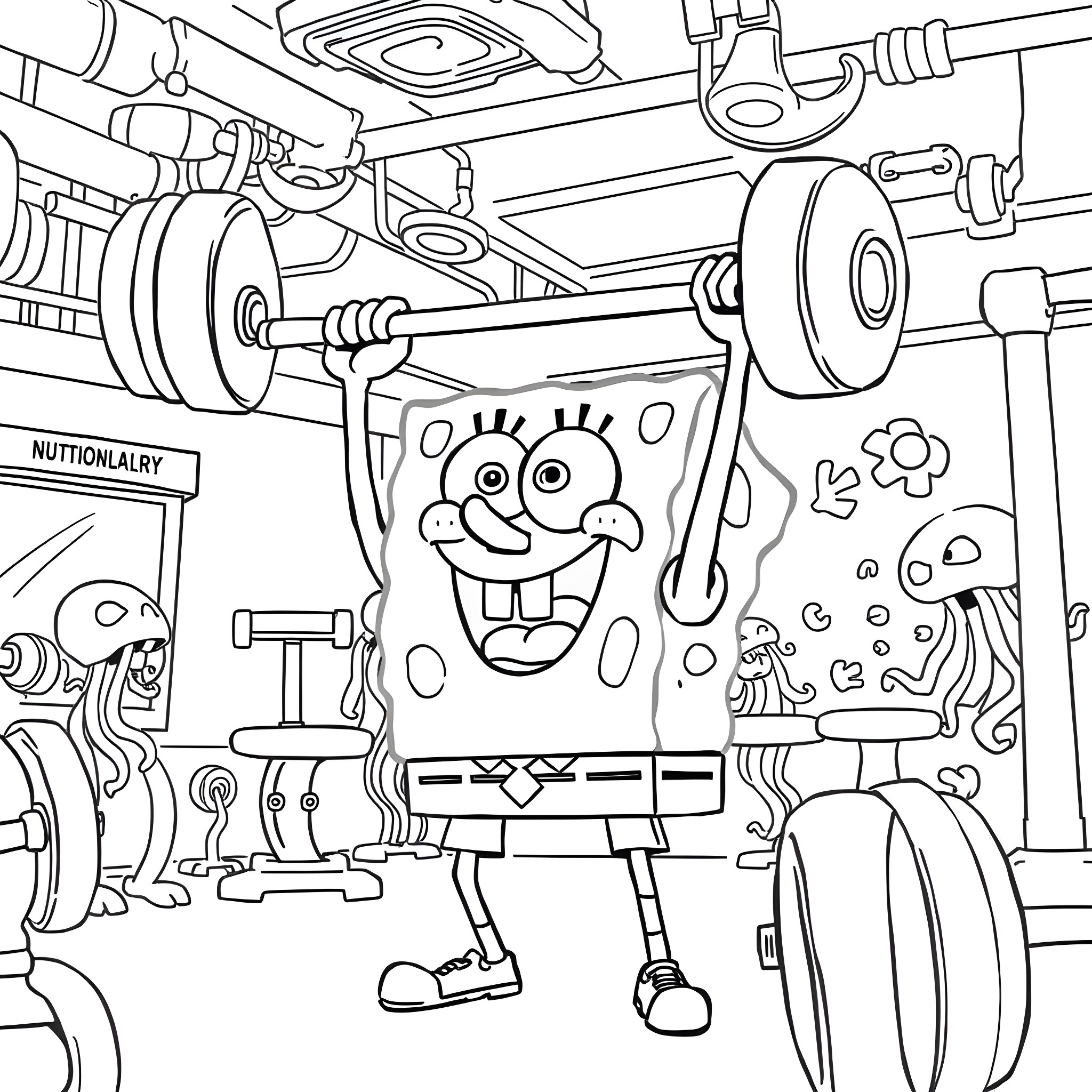 Spongebob tinkering in his underwater workshop Coloring Page (free black-and-white line drawing printable PDF for all, from beginners to advanced learners, including children, teens, adults, and seniors)