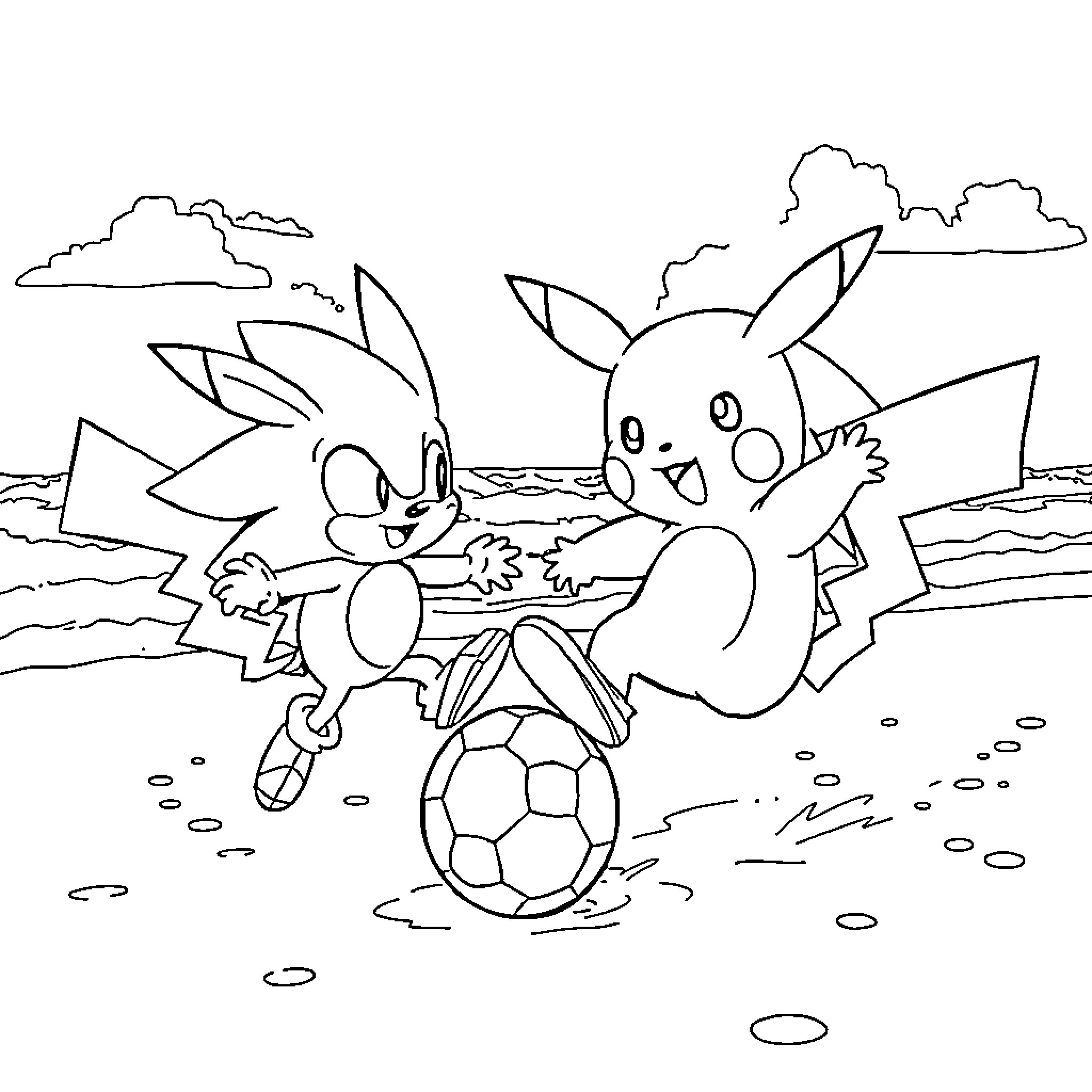 Pikachu and friends playing with soccer ball on the beach Coloring Page (free black-and-white line drawing printable PDF for all, from beginners to advanced learners, including children, teens, adults, and seniors)
