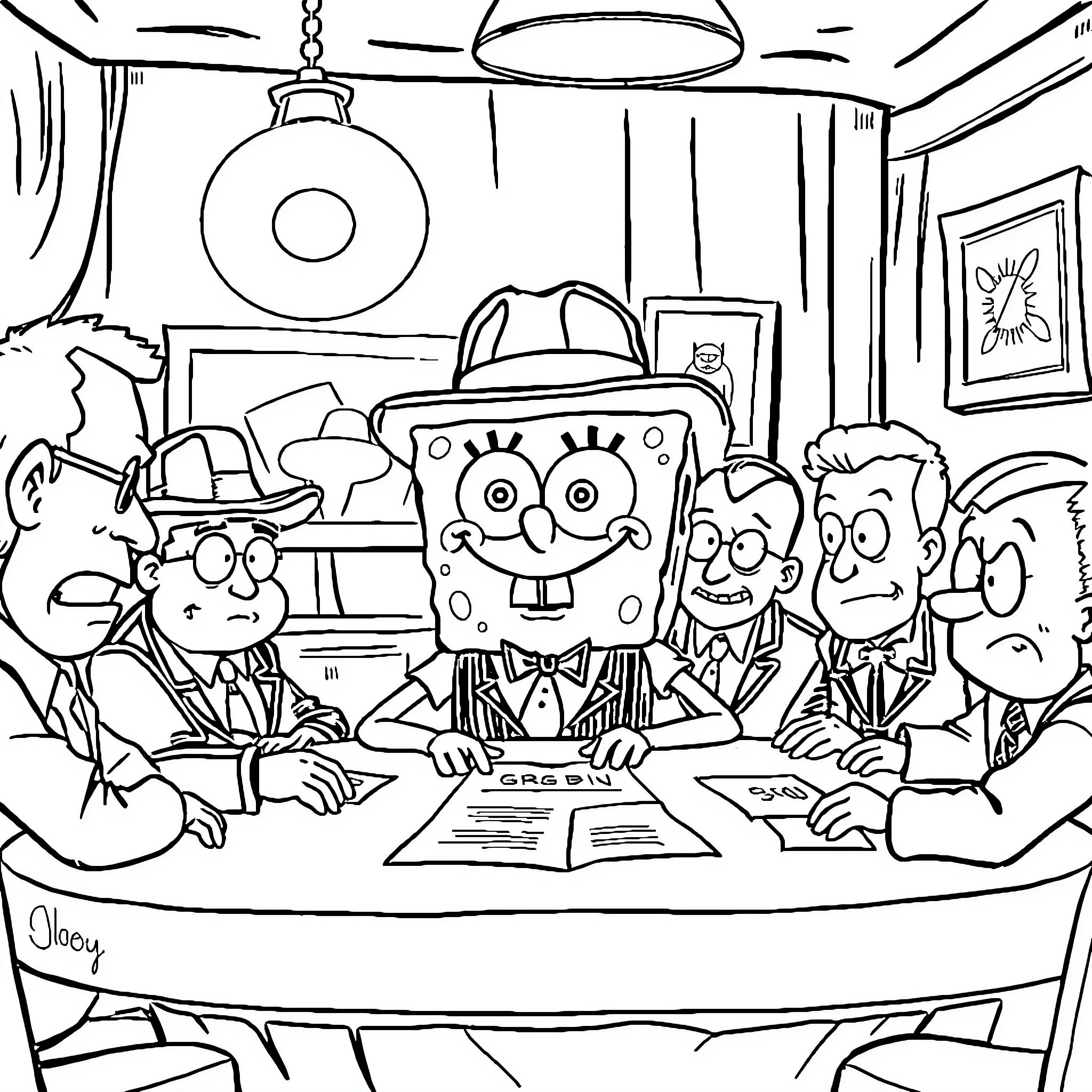 Spongebob attends a formal meeting with his colleagues Coloring Page (free black-and-white line drawing printable PDF for all, from beginners to advanced learners, including children, teens, adults, and seniors)