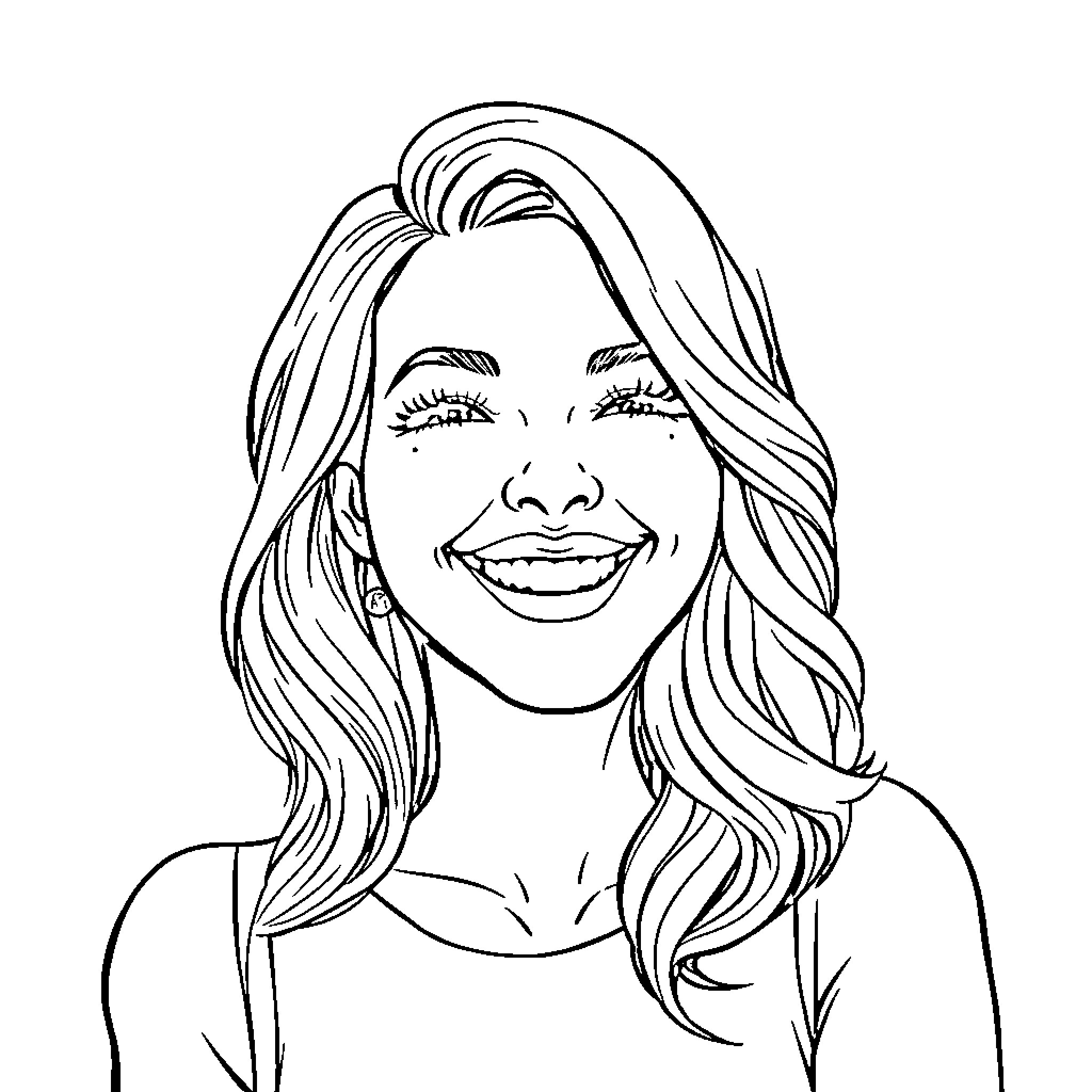 Woman smiling cheerfully with flowing hair Coloring Page (free black-and-white line drawing printable PDF for all, from beginners to advanced learners, including children, teens, adults, and seniors)