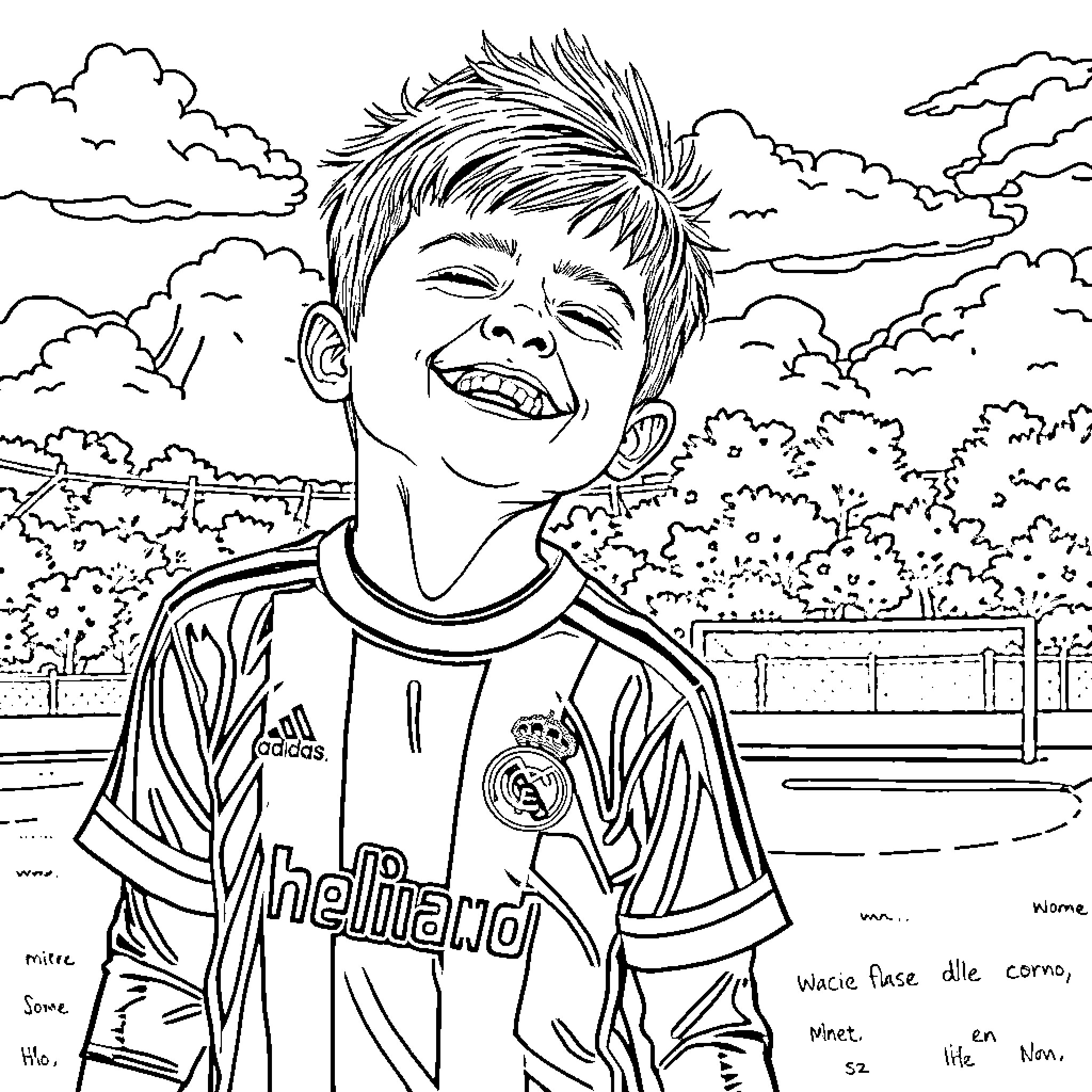Niño smiling happily in sports jersey Coloring Page (free black-and-white line drawing printable PDF for all, from beginners to advanced learners, including children, teens, adults, and seniors)