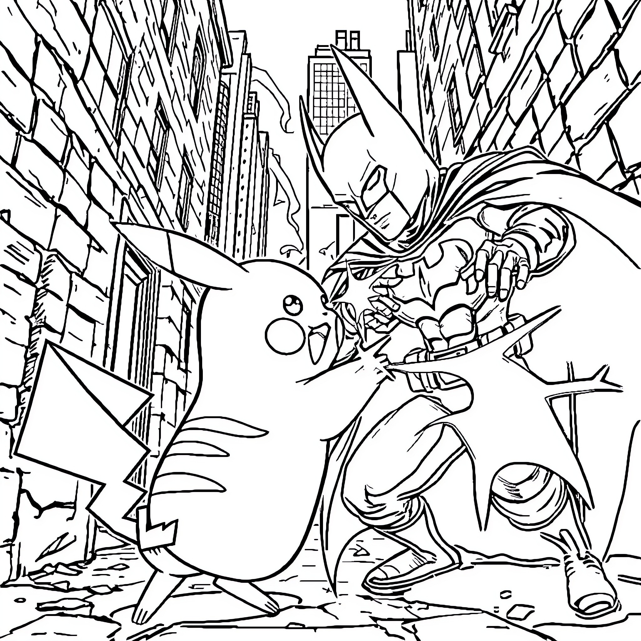 Pikachu battling a formidable foe in the city Coloring Page (free black-and-white line drawing printable PDF for all, from beginners to advanced learners, including children, teens, adults, and seniors)