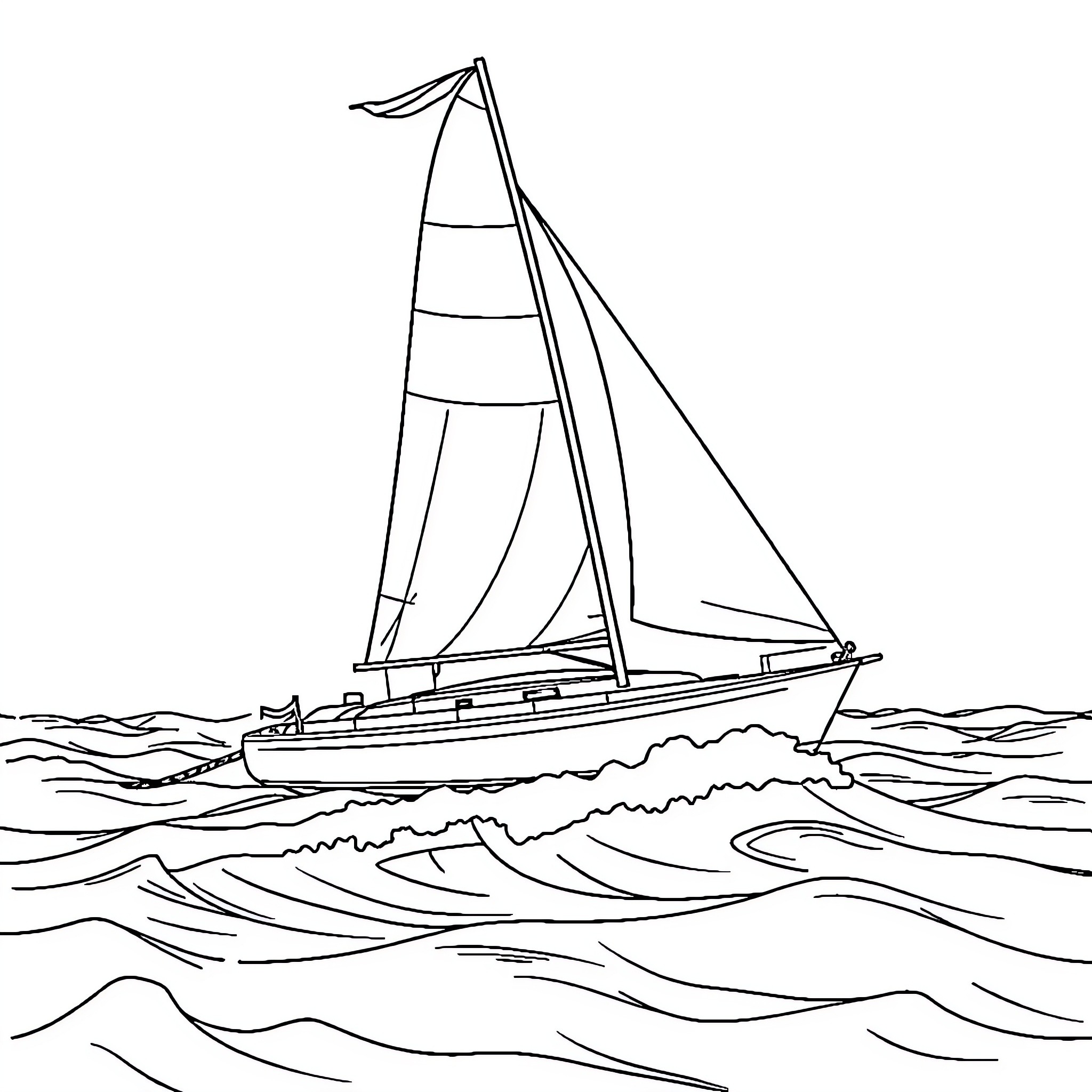 Imoca sailing boat gliding through waves Coloring Page (free black-and-white line drawing printable PDF for all, from beginners to advanced learners, including children, teens, adults, and seniors)