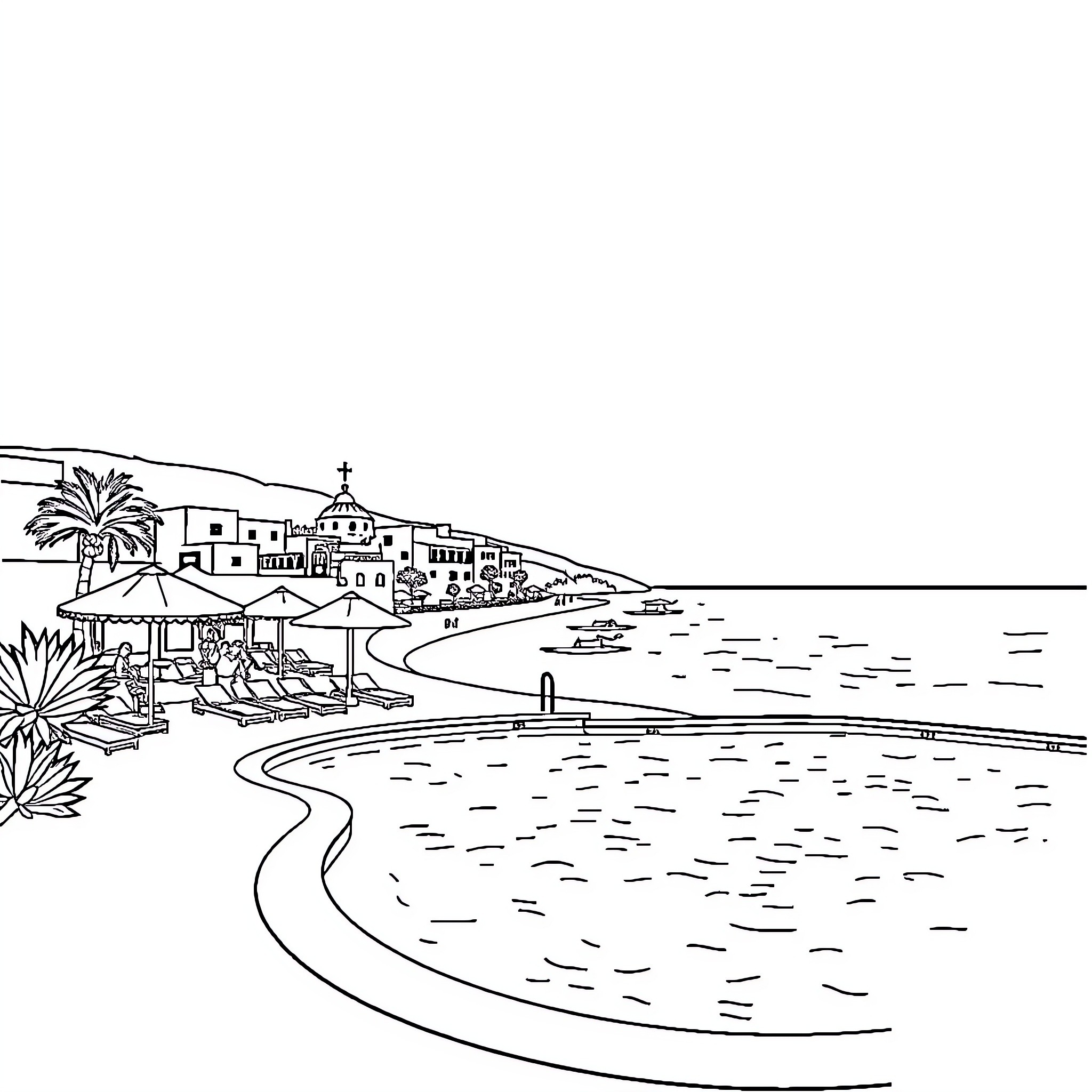 Beach scene with seaside town and palm trees Coloring Page (free black-and-white line drawing printable PDF for all, from beginners to advanced learners, including children, teens, adults, and seniors)