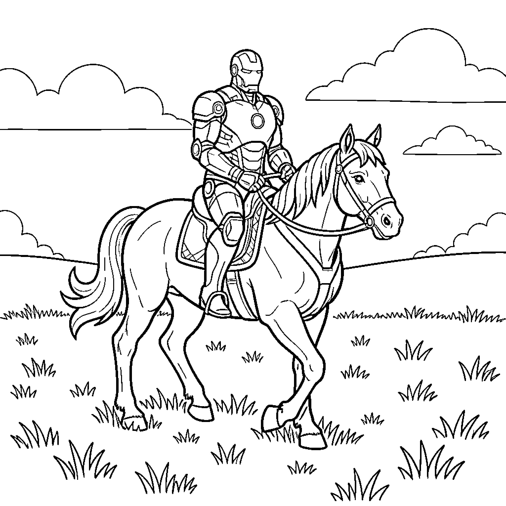 Iron Man riding a horse through a field Coloring Page (free black-and-white line drawing printable PDF for all, from beginners to advanced learners, including children, teens, adults, and seniors)