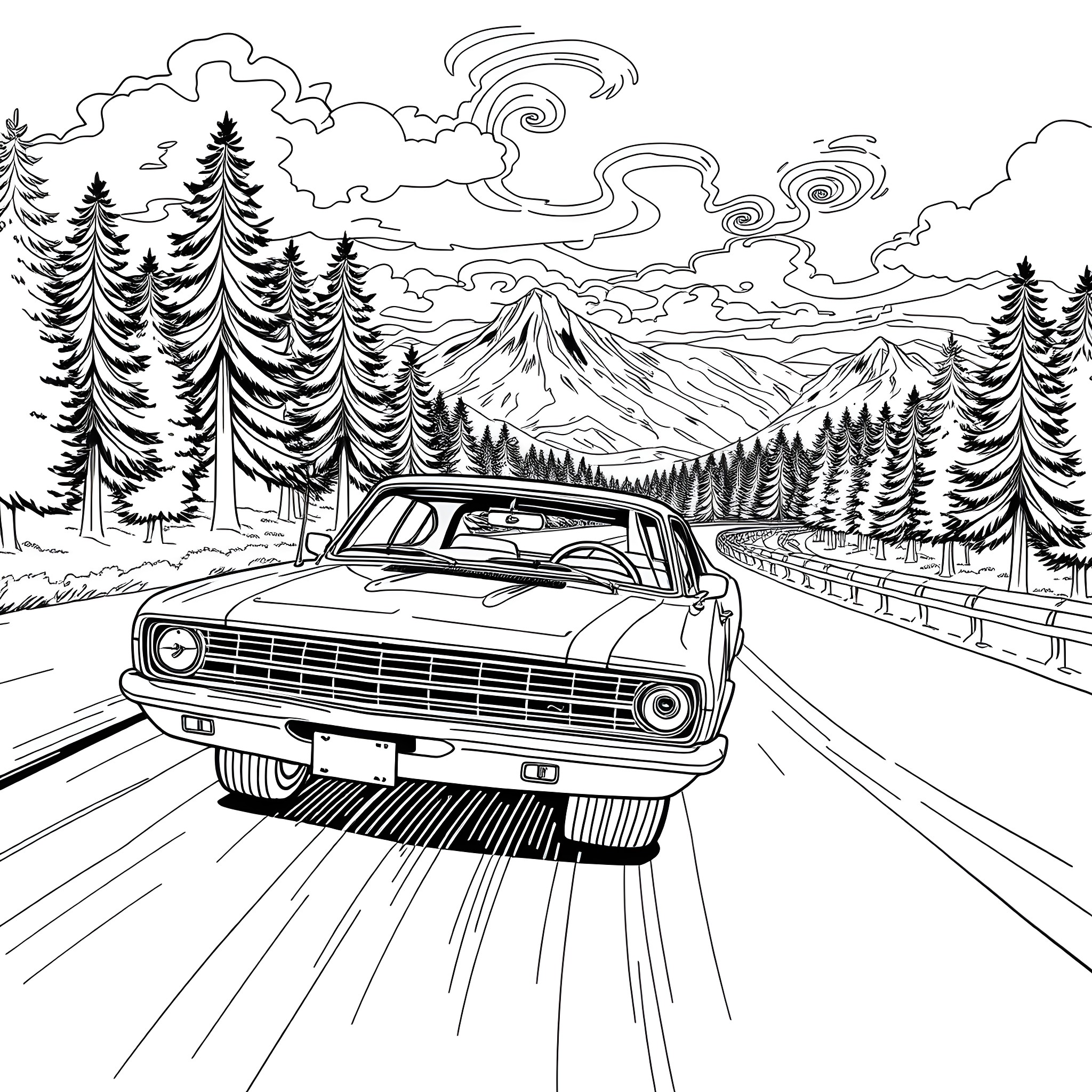 Ford Maverick driving through a scenic mountain landscape Coloring Page (free black-and-white line drawing printable PDF for all, from beginners to advanced learners, including children, teens, adults, and seniors)
