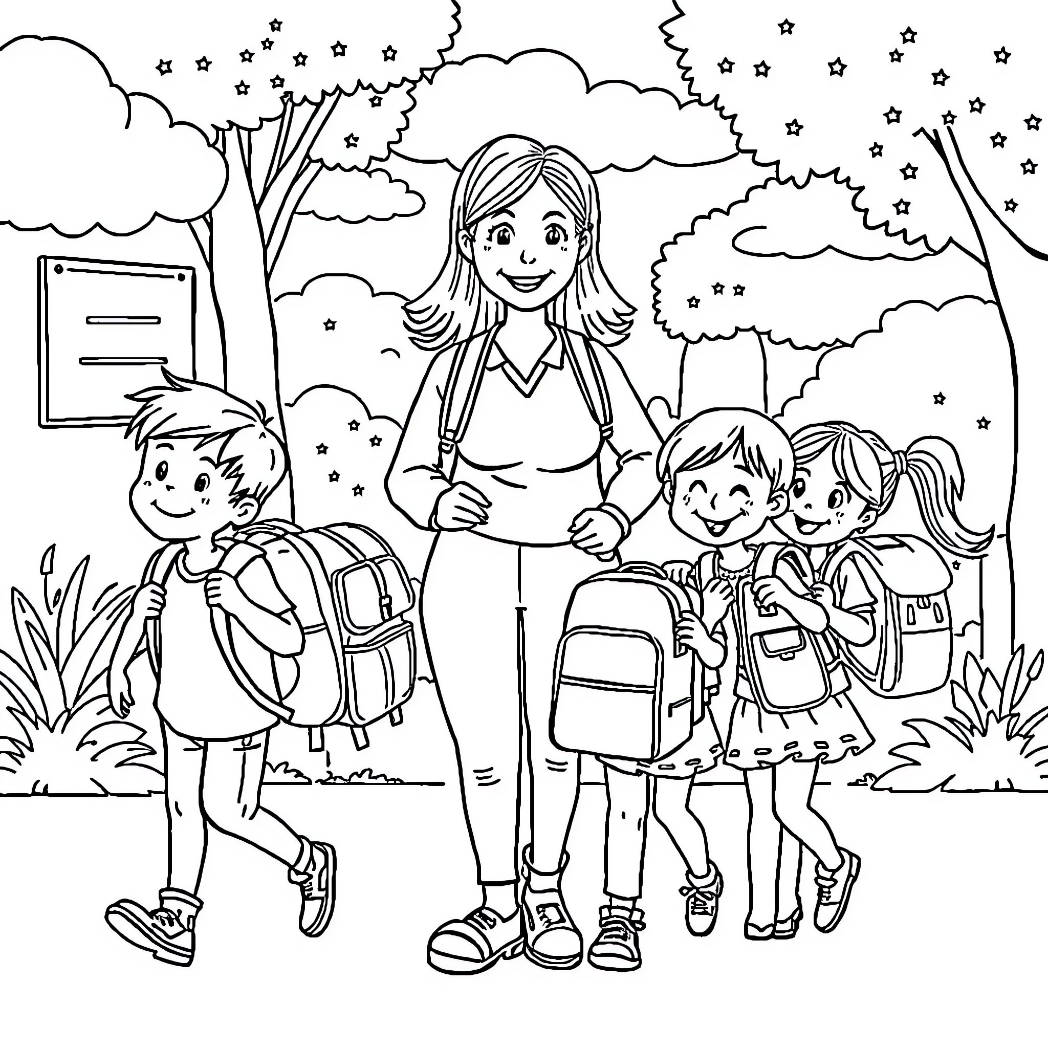 Teacher guiding a group of students outdoors Coloring Page (free black-and-white line drawing printable PDF for all, from beginners to advanced learners, including children, teens, adults, and seniors)