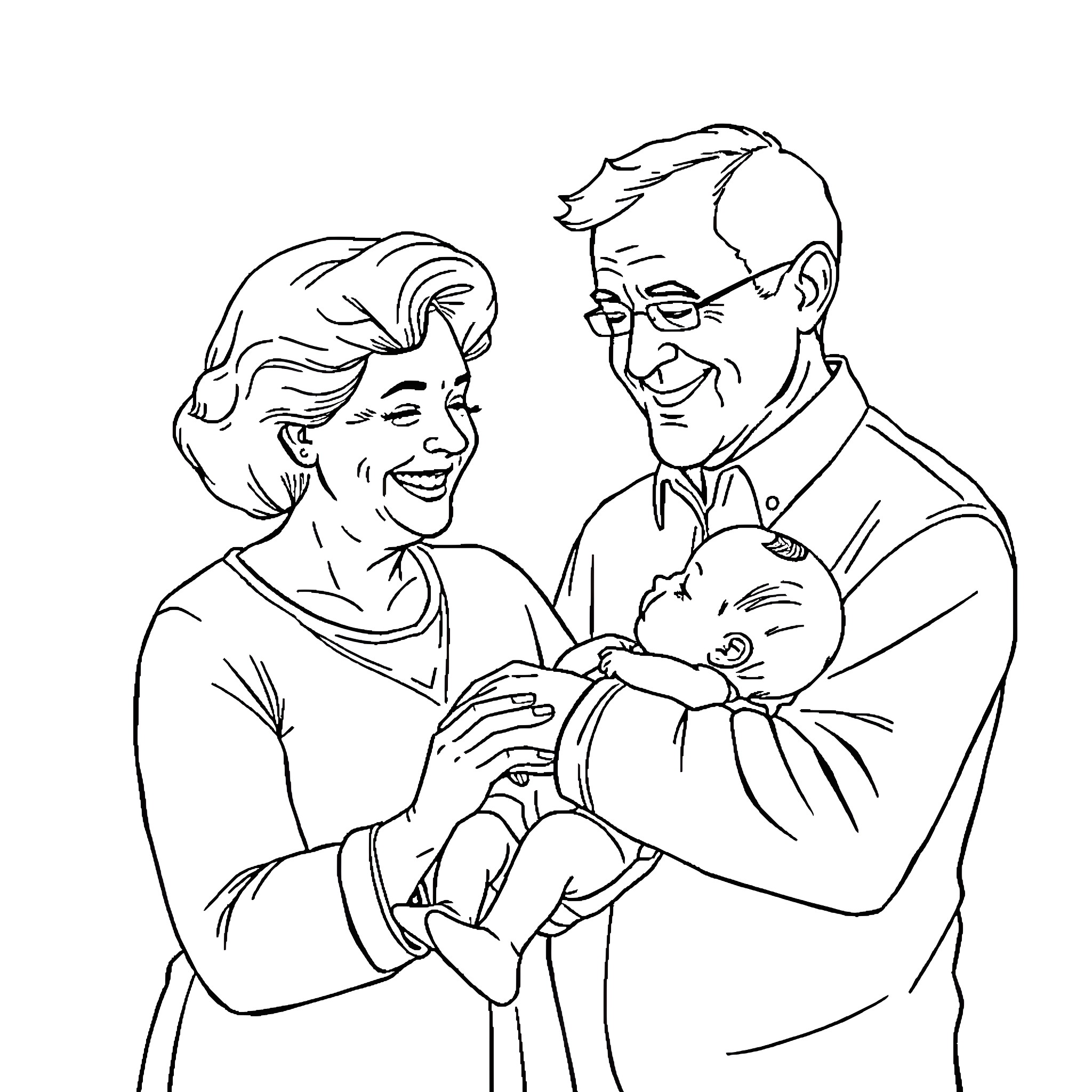 Grandparent couple doting on their newborn grandchild Coloring Page (free black-and-white line drawing printable PDF for all, from beginners to advanced learners, including children, teens, adults, and seniors)