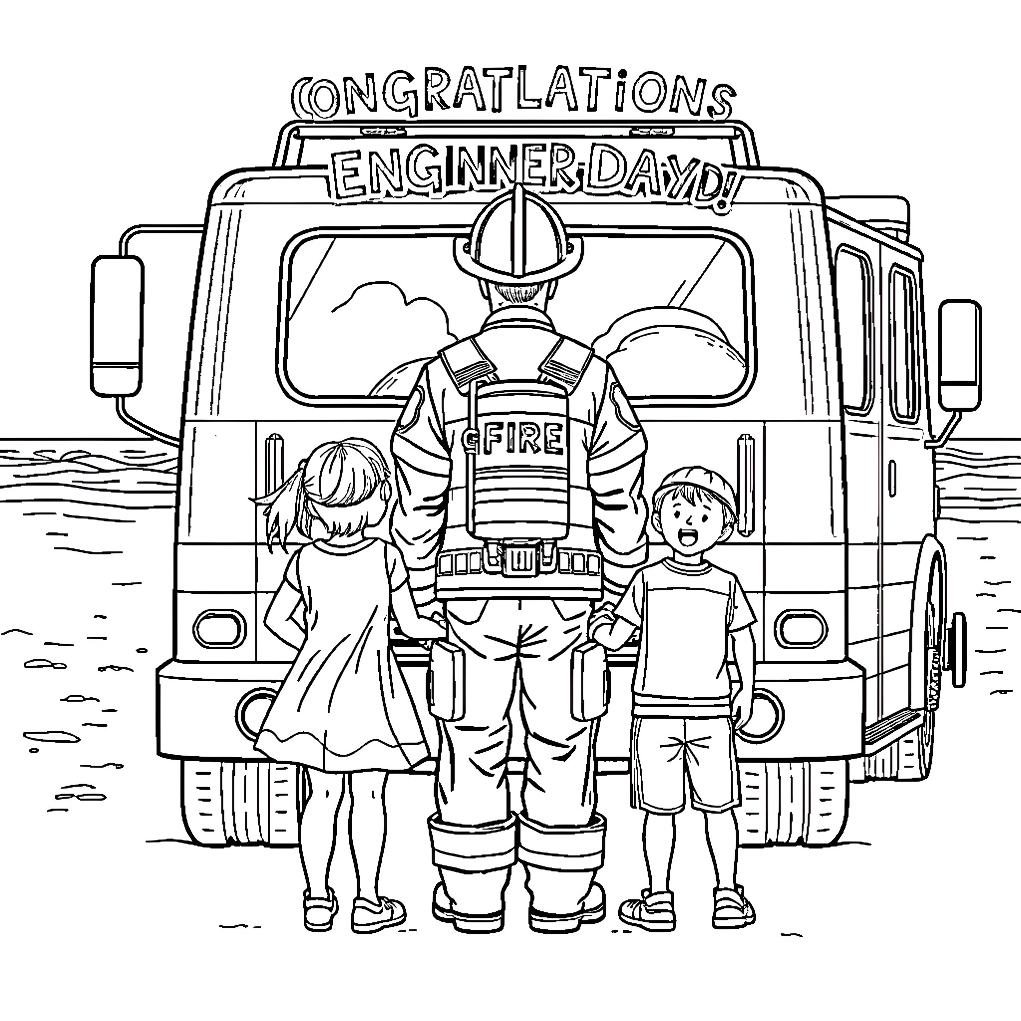 Firetruck celebrations with firefighters and children Coloring Page (free black-and-white line drawing printable PDF for all, from beginners to advanced learners, including children, teens, adults, and seniors)
