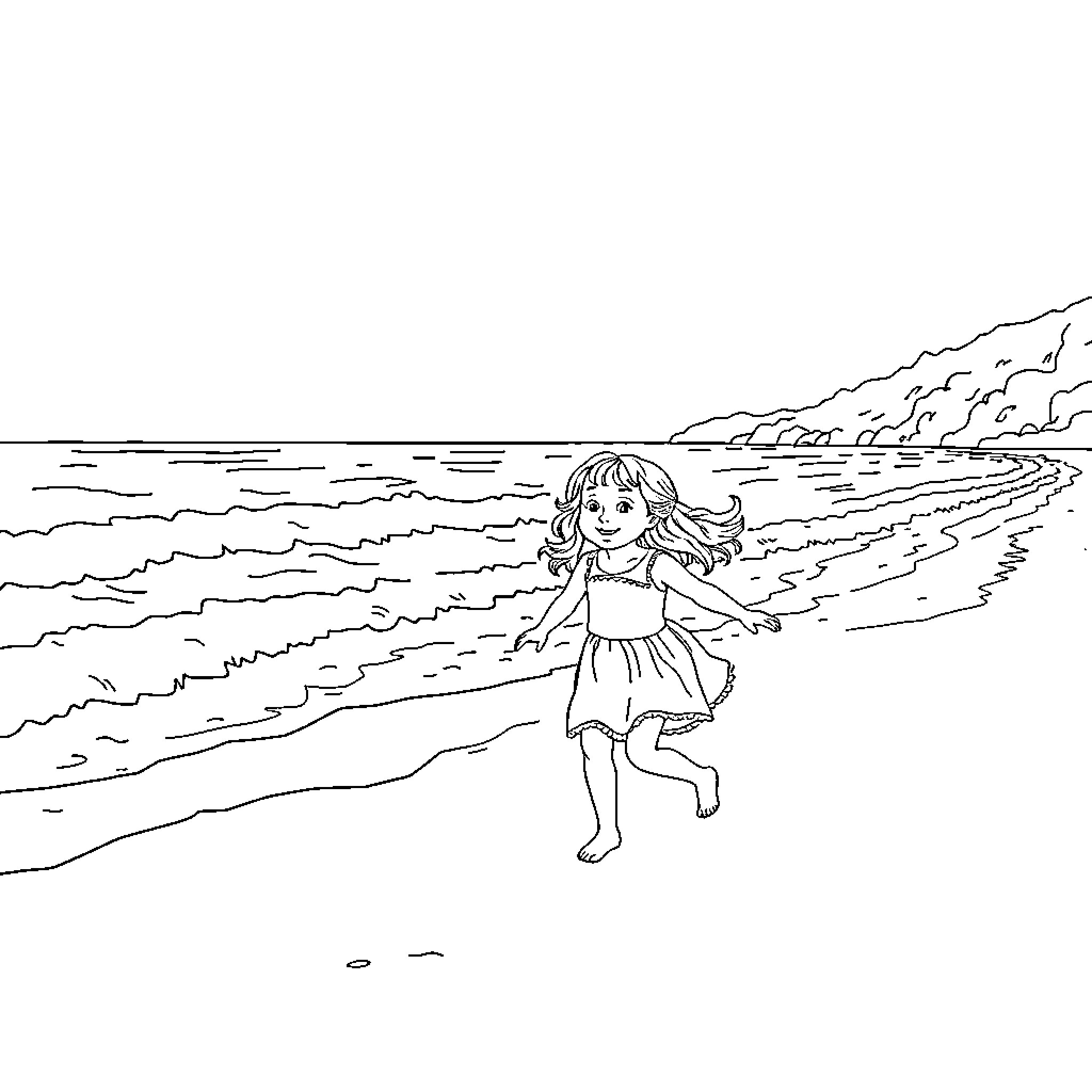 Child happily playing on the beach Coloring Page (free black-and-white line drawing printable PDF for all, from beginners to advanced learners, including children, teens, adults, and seniors)