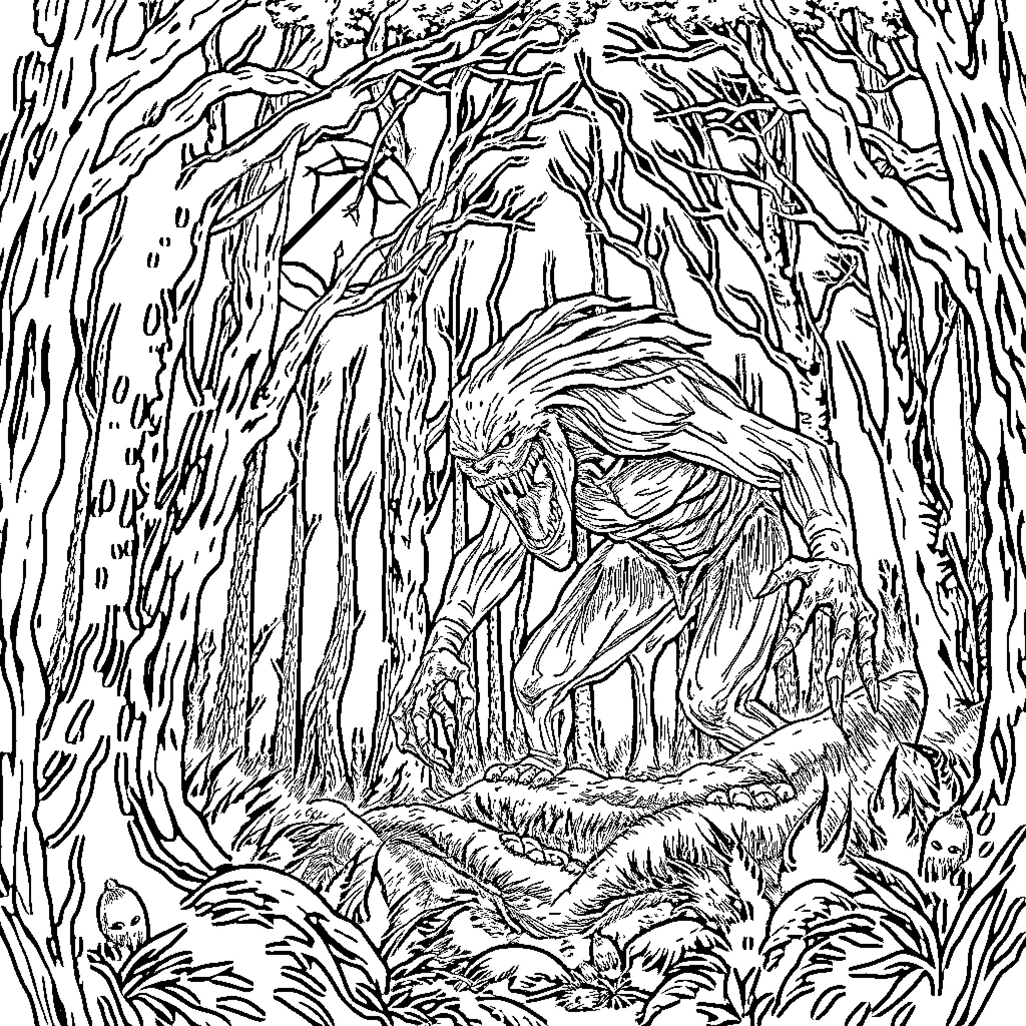 Cryptid creature emerging from mysterious forest Coloring Page (free black-and-white line drawing printable PDF for all, from beginners to advanced learners, including children, teens, adults, and seniors)
