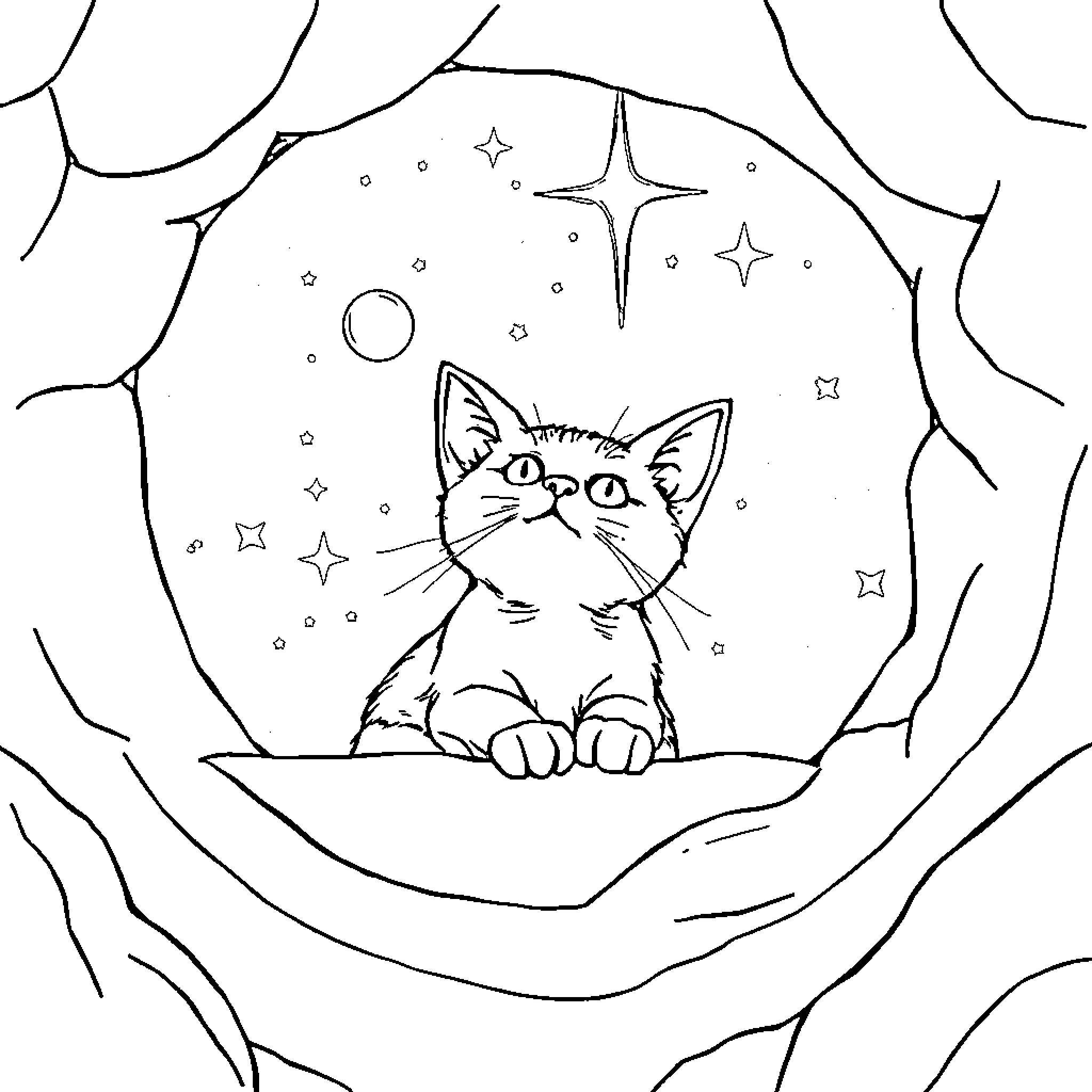 Cat in starry night scene Coloring Page (free black-and-white line drawing printable PDF for all, from beginners to advanced learners, including children, teens, adults, and seniors)