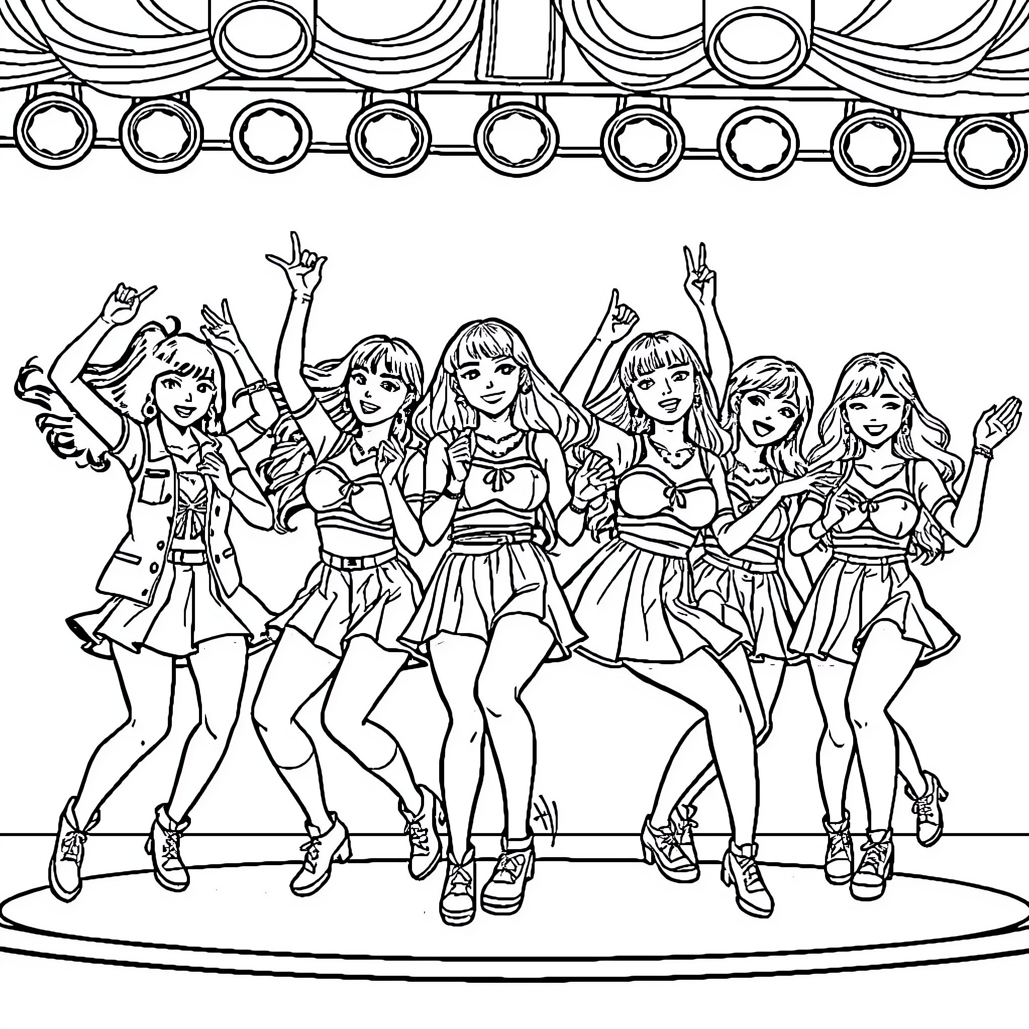 Kpop Warriors Performing on Stage with Energy Coloring Page (free black-and-white line drawing printable PDF for all, from beginners to advanced learners, including children, teens, adults, and seniors)