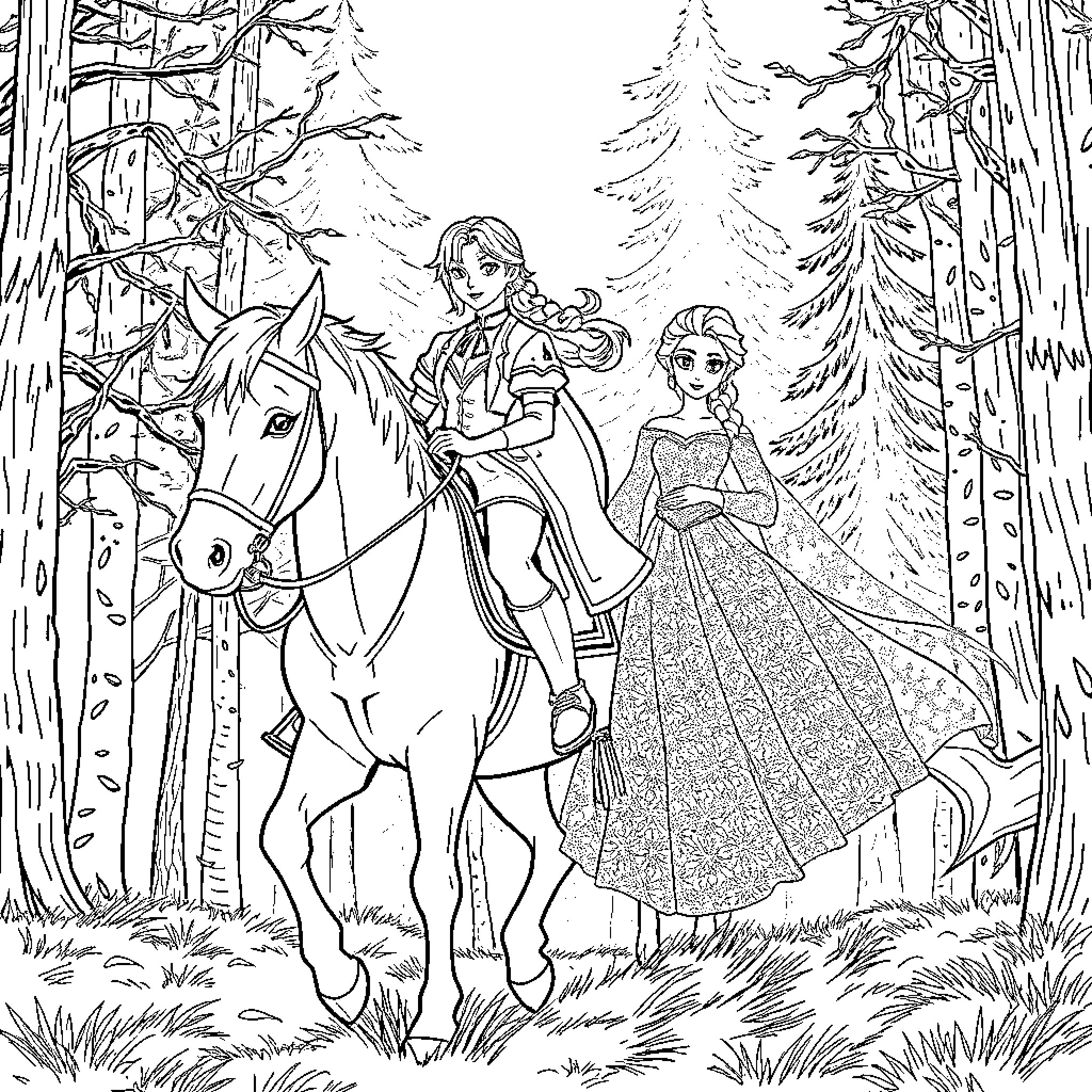 Rumi's Enchanted Forest Adventure Coloring Page (free black-and-white line drawing printable PDF for all, from beginners to advanced learners, including children, teens, adults, and seniors)
