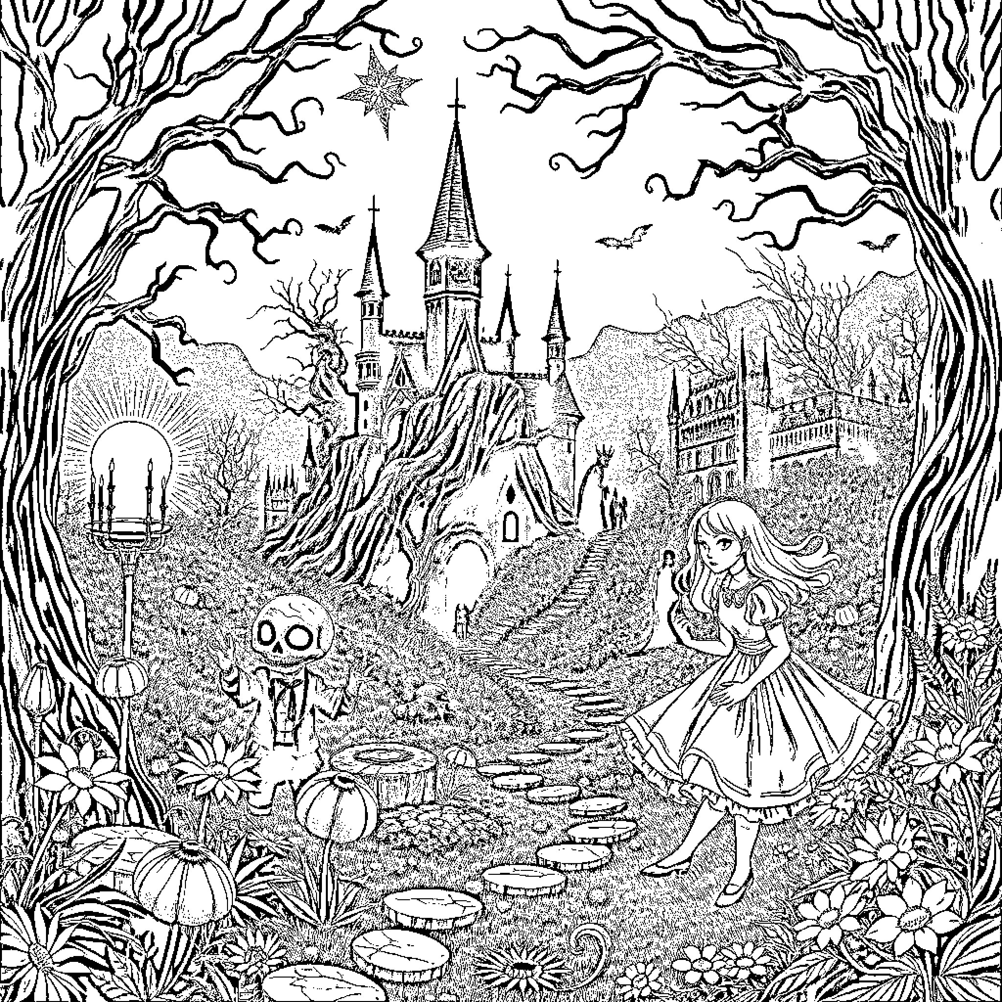 Alice's Enchanting Journey Through the Whimsical Landscape Coloring Page (free black-and-white line drawing printable PDF for all, from beginners to advanced learners, including children, teens, adults, and seniors)