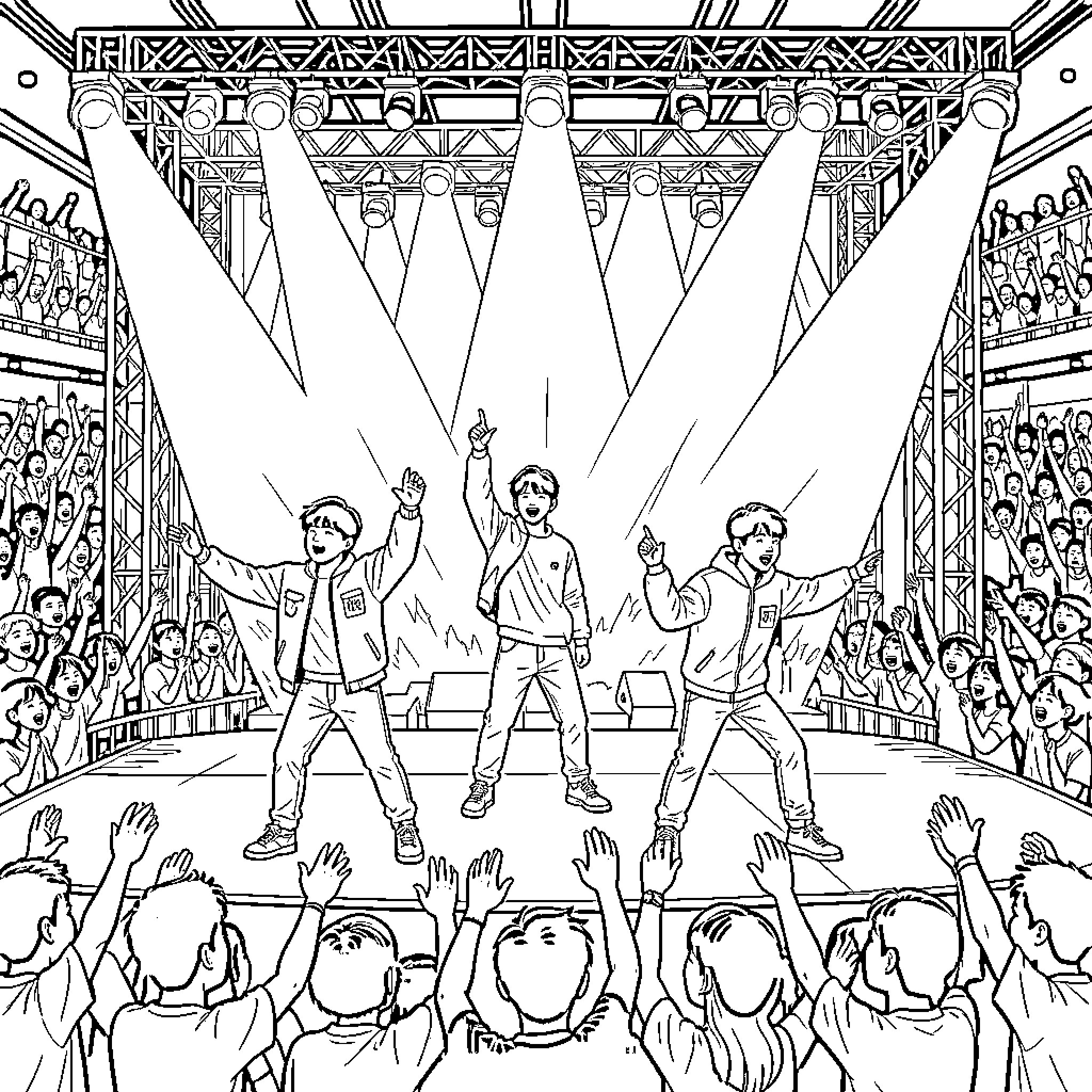 BTS Performing on Stage with Energetic Fans Coloring Page (free black-and-white line drawing printable PDF for all, from beginners to advanced learners, including children, teens, adults, and seniors)