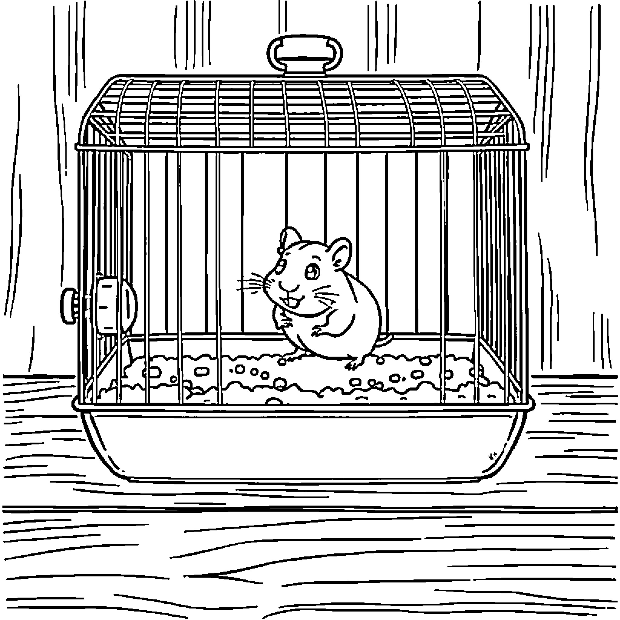 Hamster in a cage looking curious Coloring Page (free black-and-white line drawing printable PDF for all, from beginners to advanced learners, including children, teens, adults, and seniors)