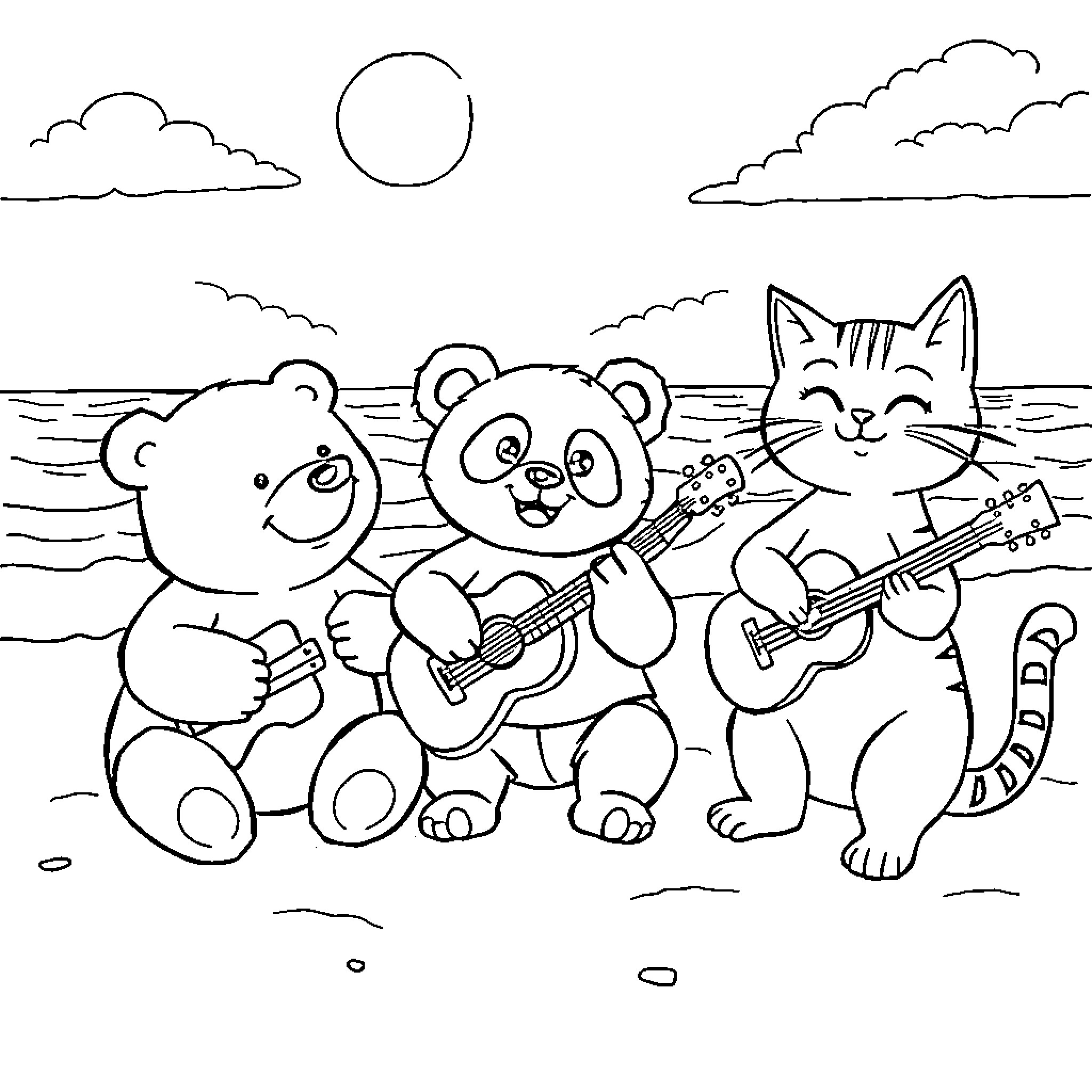 Animal friends playing music on the beach Coloring Page (free black-and-white line drawing printable PDF for all, from beginners to advanced learners, including children, teens, adults, and seniors)