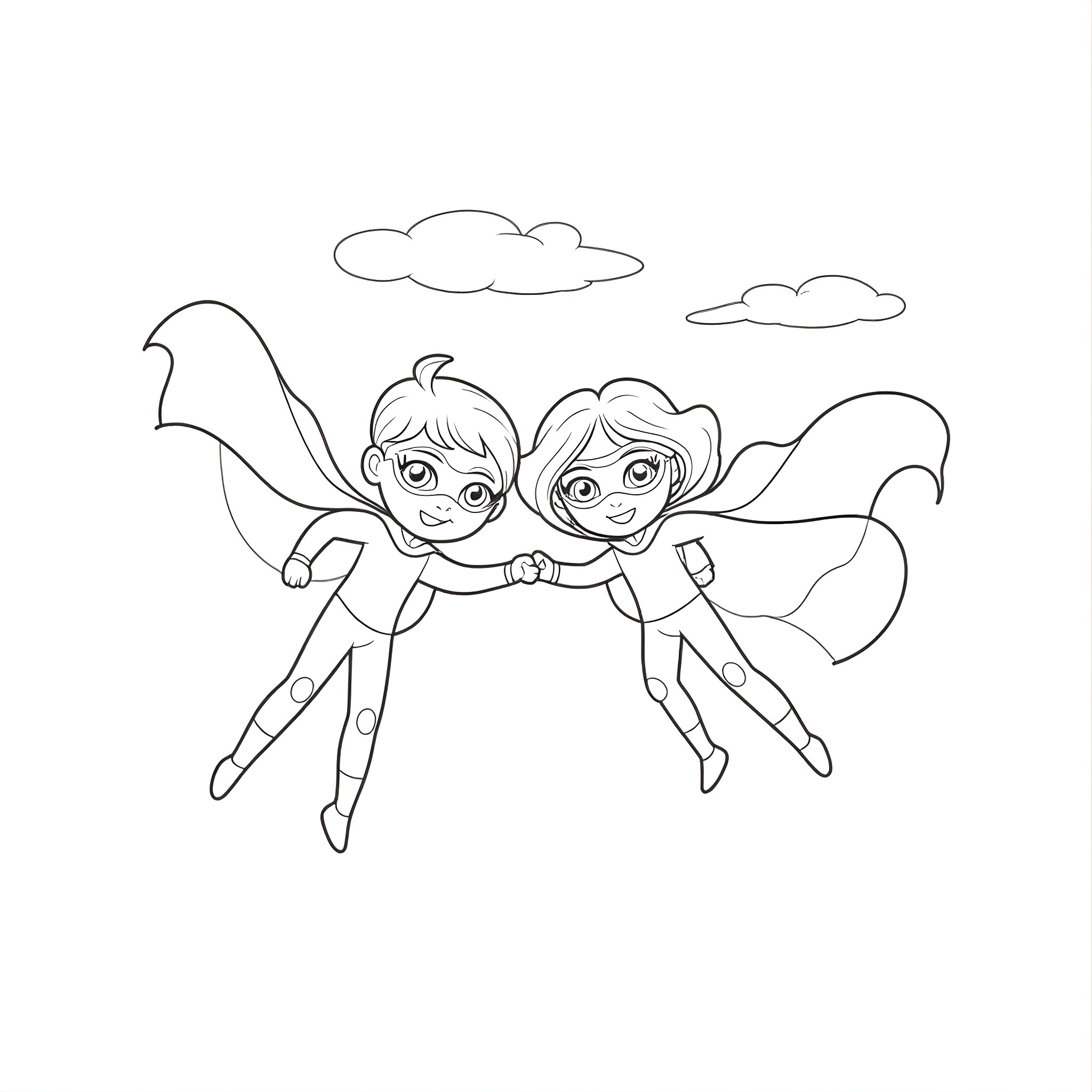 Superman flying happily with his friend in the sky Coloring Page (free black-and-white line drawing printable PDF for all, from beginners to advanced learners, including children, teens, adults, and seniors)