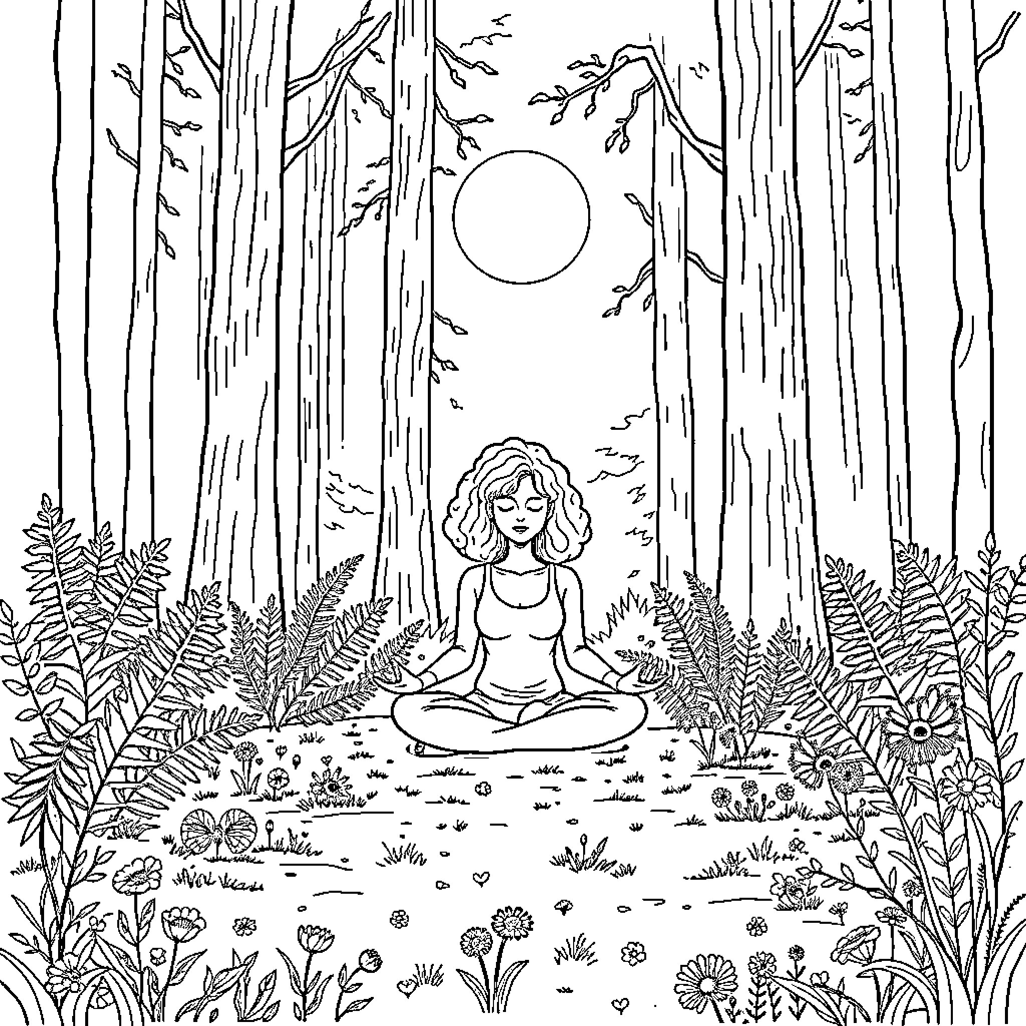 Woman meditating in the peaceful forest Coloring Page (free black-and-white line drawing printable PDF for all, from beginners to advanced learners, including children, teens, adults, and seniors)