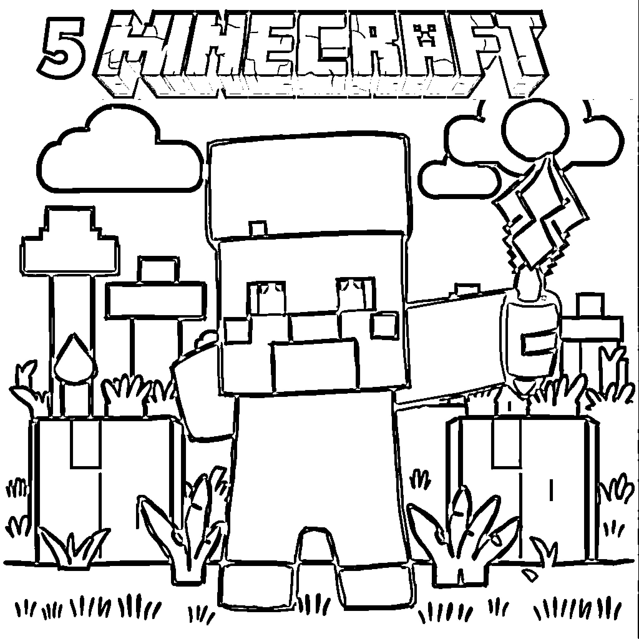 Minecraft characters exploring the landscape Coloring Page (free black-and-white line drawing printable PDF for all, from beginners to advanced learners, including children, teens, adults, and seniors)