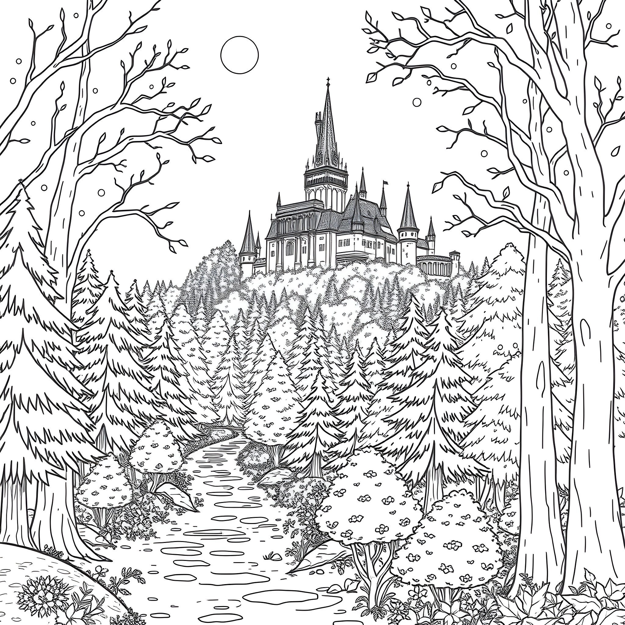 Forest Fantasy Castle Landscape Coloring Page (free black-and-white line drawing printable PDF for all, from beginners to advanced learners, including children, teens, adults, and seniors)