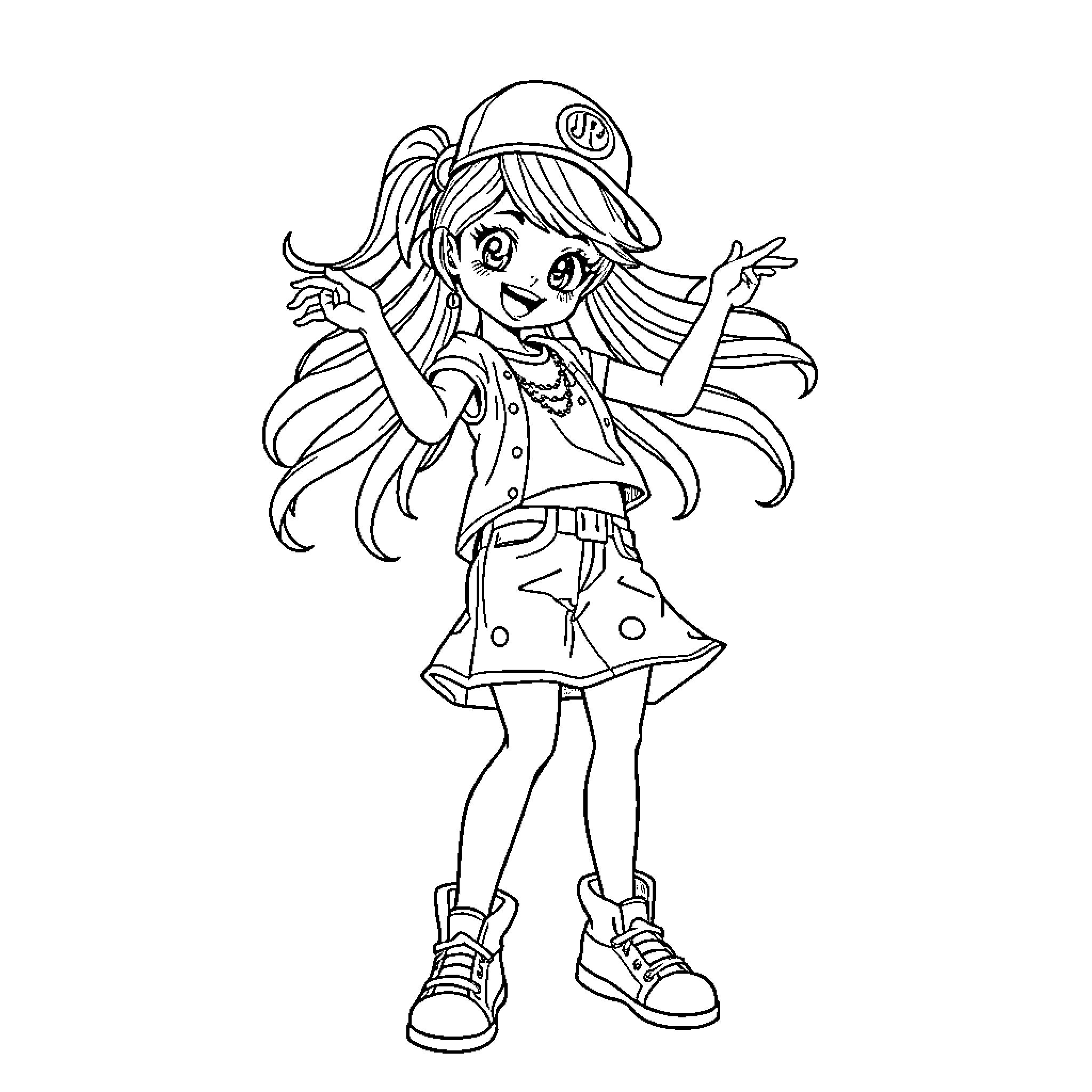 Anime Girl Posing Cheerfully in Casual Outfit Coloring Page (free black-and-white line drawing printable PDF for all, from beginners to advanced learners, including children, teens, adults, and seniors)
