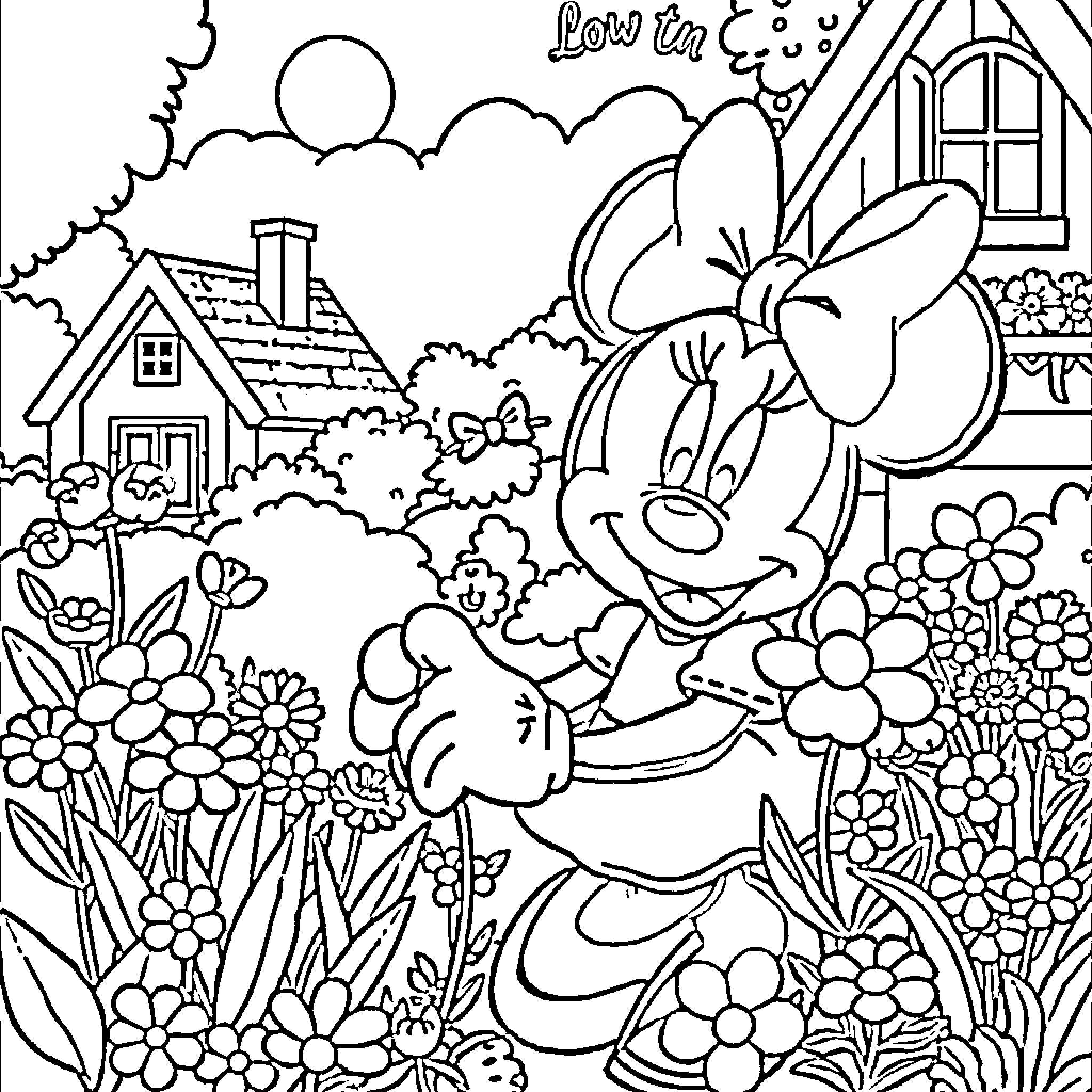 Minnie Mouse enjoying a floral garden scene Coloring Page (free black-and-white line drawing printable PDF for all, from beginners to advanced learners, including children, teens, adults, and seniors)