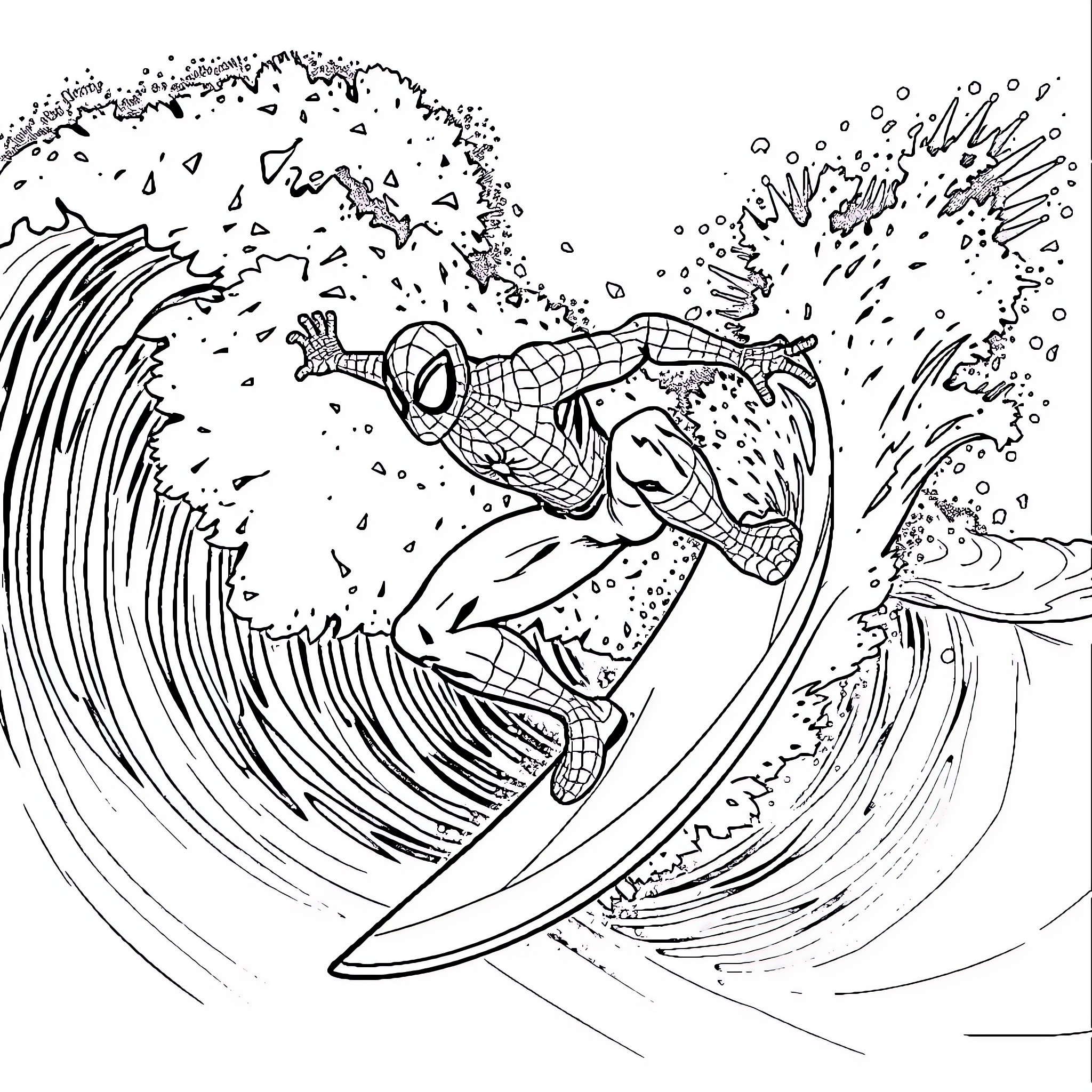 Spider-Man surfing thrilling waves Coloring Page (free black-and-white line drawing printable PDF for all, from beginners to advanced learners, including children, teens, adults, and seniors)