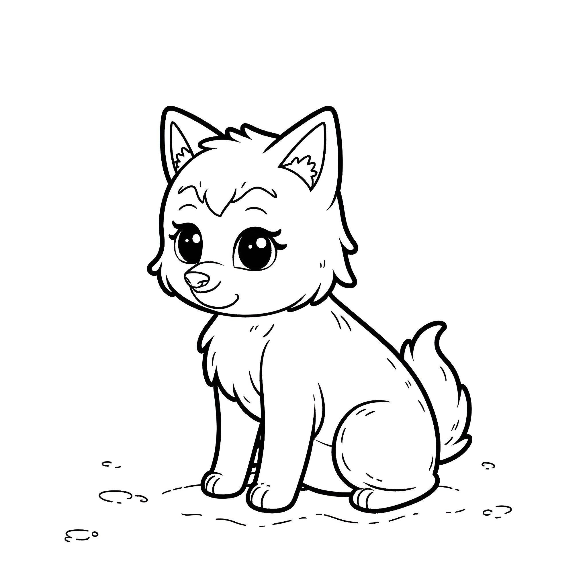 Wolf pup sitting innocently Coloring Page (free black-and-white line drawing printable PDF for all, from beginners to advanced learners, including children, teens, adults, and seniors)