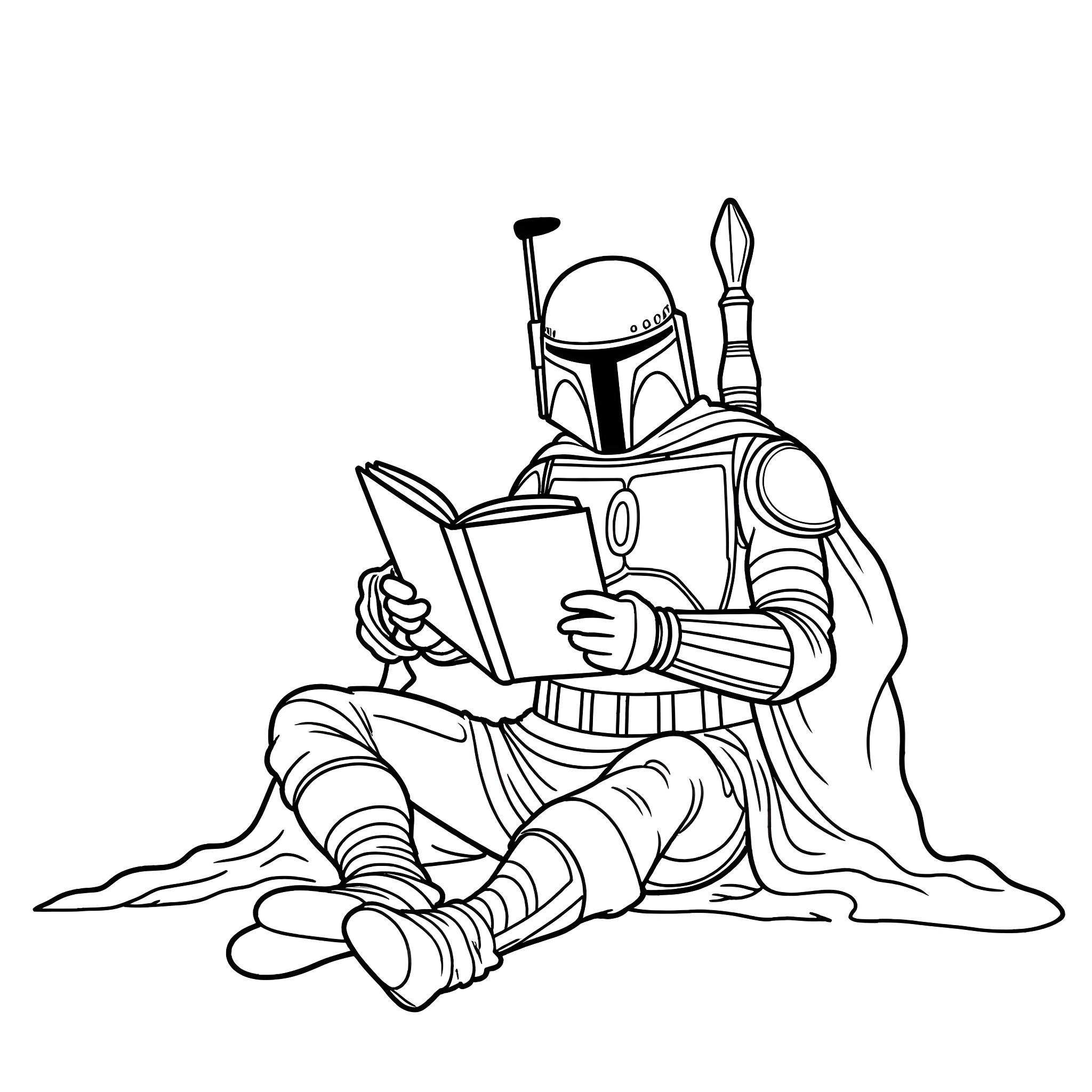 Boba Fett reading intently in a quiet moment Coloring Page (free black-and-white line drawing printable PDF for all, from beginners to advanced learners, including children, teens, adults, and seniors)