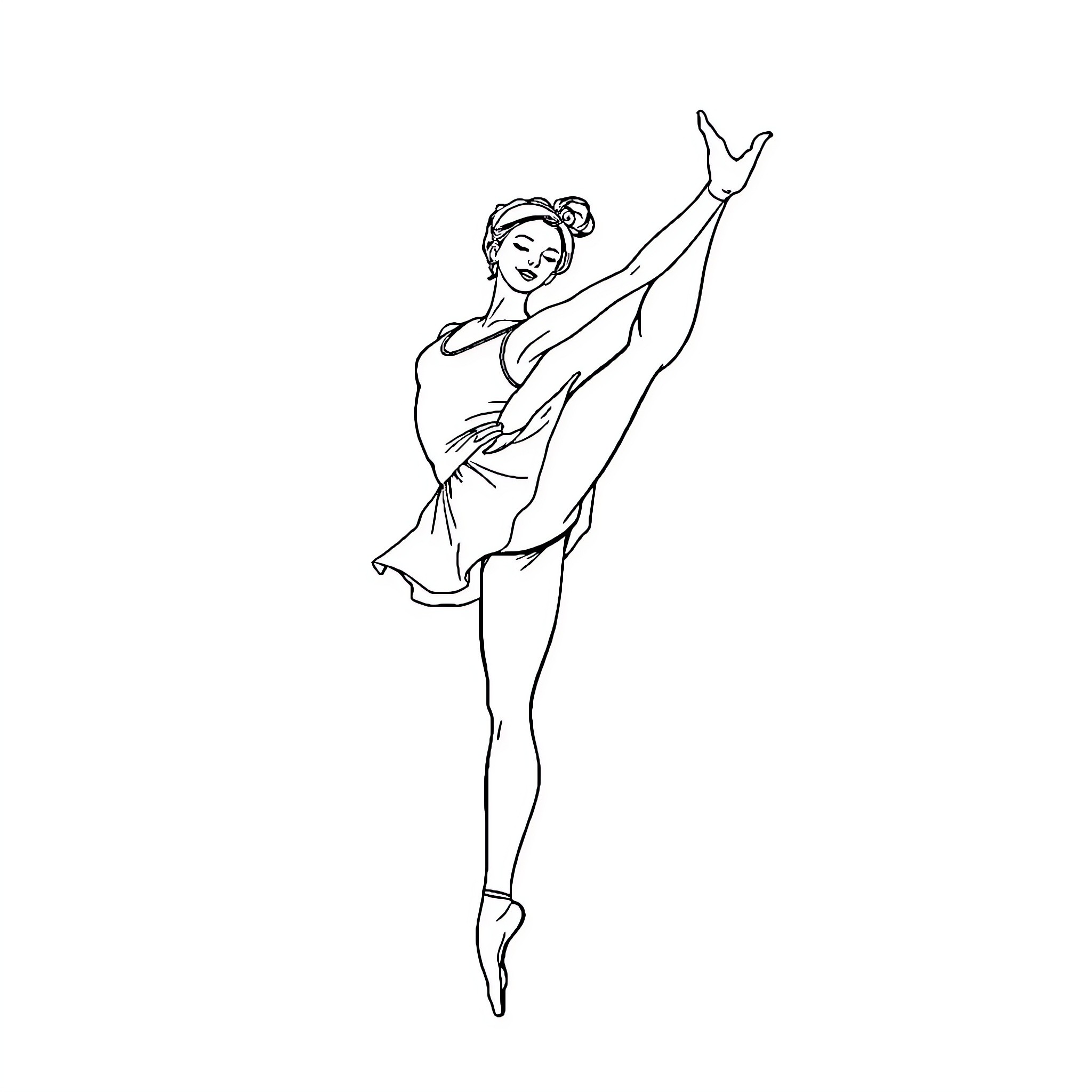Dancer performing graceful ballet pose Coloring Page (free black-and-white line drawing printable PDF for all, from beginners to advanced learners, including children, teens, adults, and seniors)
