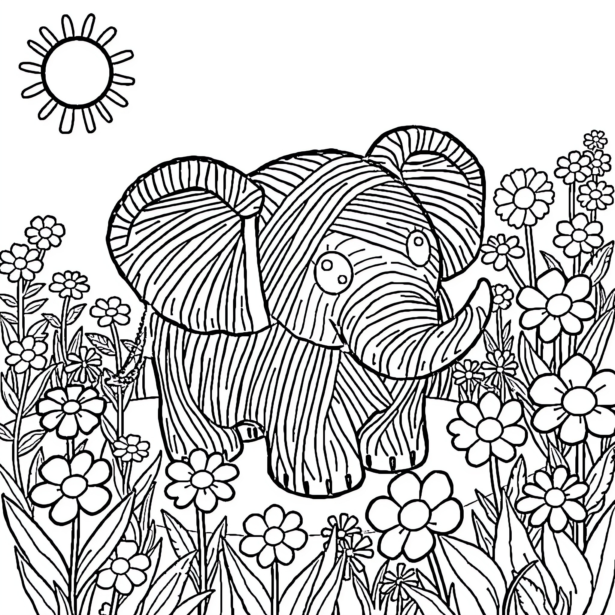 Elephant playing joyfully in a floral garden Coloring Page (free black-and-white line drawing printable PDF for all, from beginners to advanced learners, including children, teens, adults, and seniors)