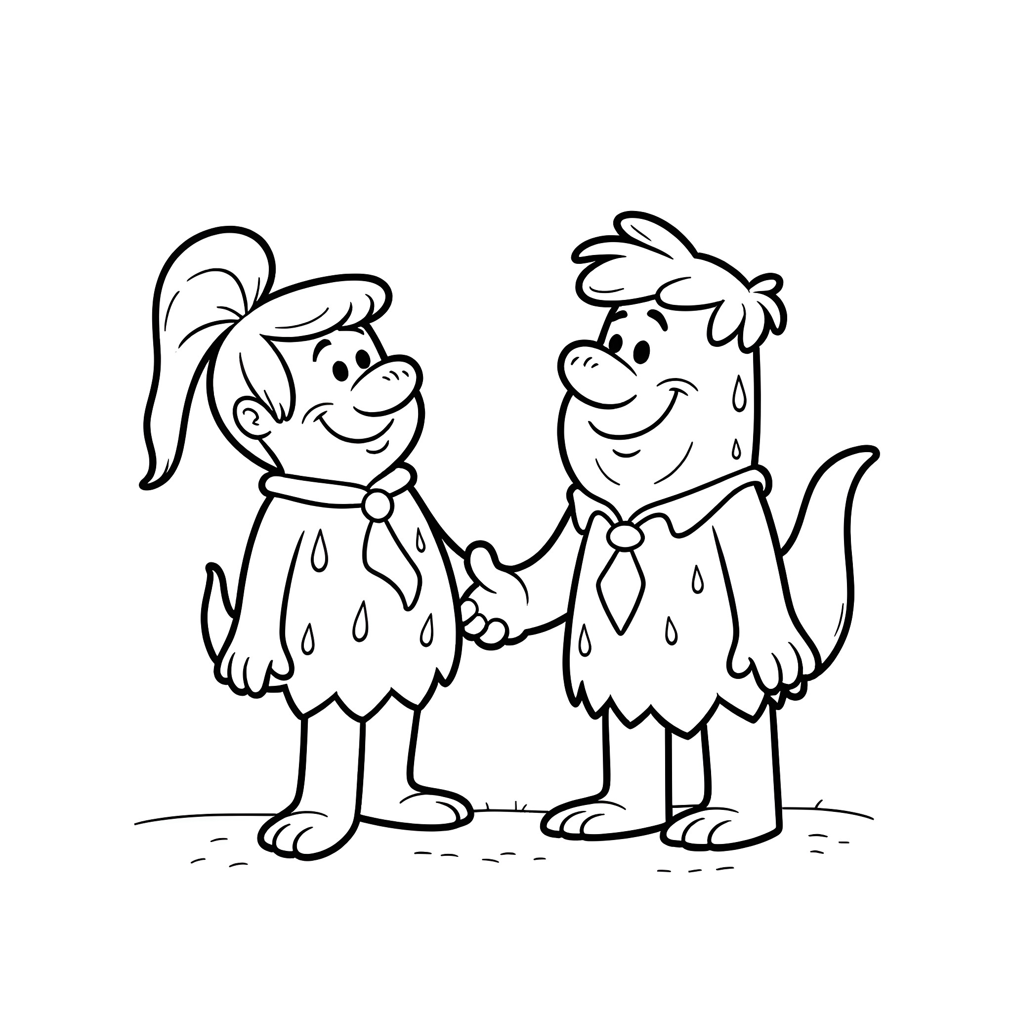 Pebbles and Bam Bam holding hands in cartoon outfits Coloring Page (free black-and-white line drawing printable PDF for all, from beginners to advanced learners, including children, teens, adults, and seniors)