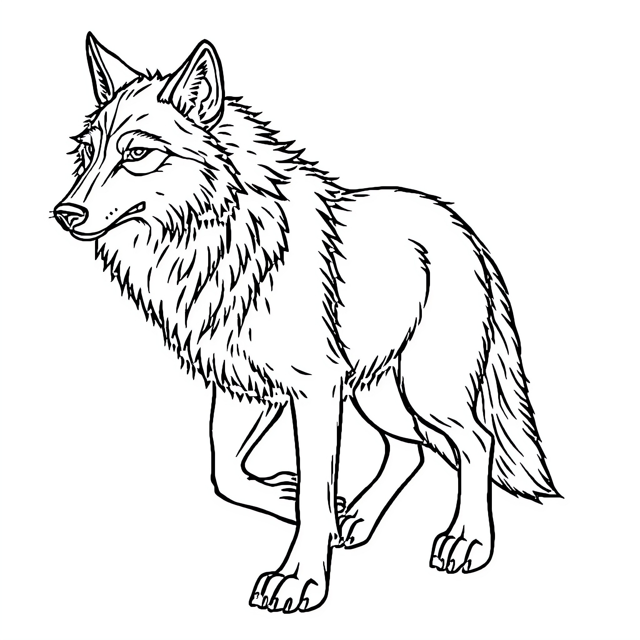 Wolf in alert stance Coloring Page (free black-and-white line drawing printable PDF for all, from beginners to advanced learners, including children, teens, adults, and seniors)