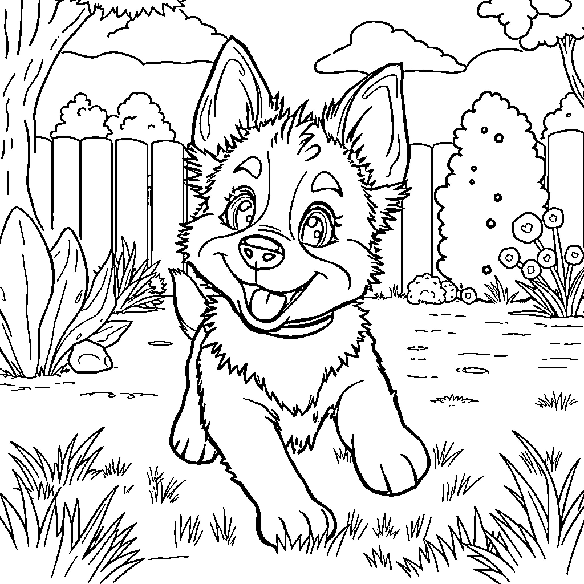 Bluey playing happily in the nature-filled park Coloring Page (free black-and-white line drawing printable PDF for all, from beginners to advanced learners, including children, teens, adults, and seniors)