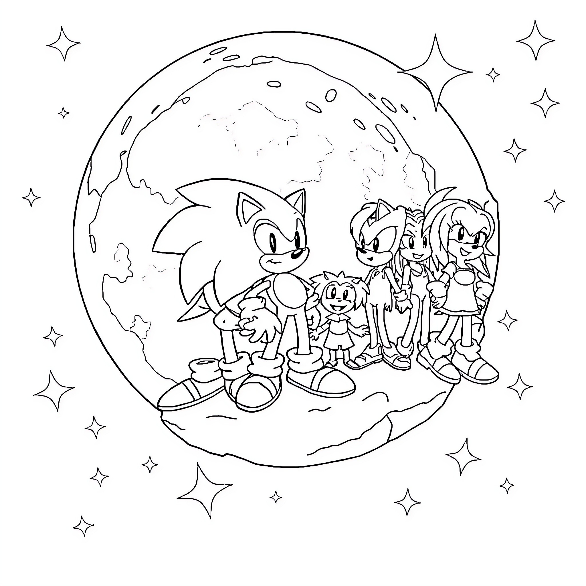 Sonic and Friends Adventure in the Starry Night Coloring Page (free black-and-white line drawing printable PDF for all, from beginners to advanced learners, including children, teens, adults, and seniors)