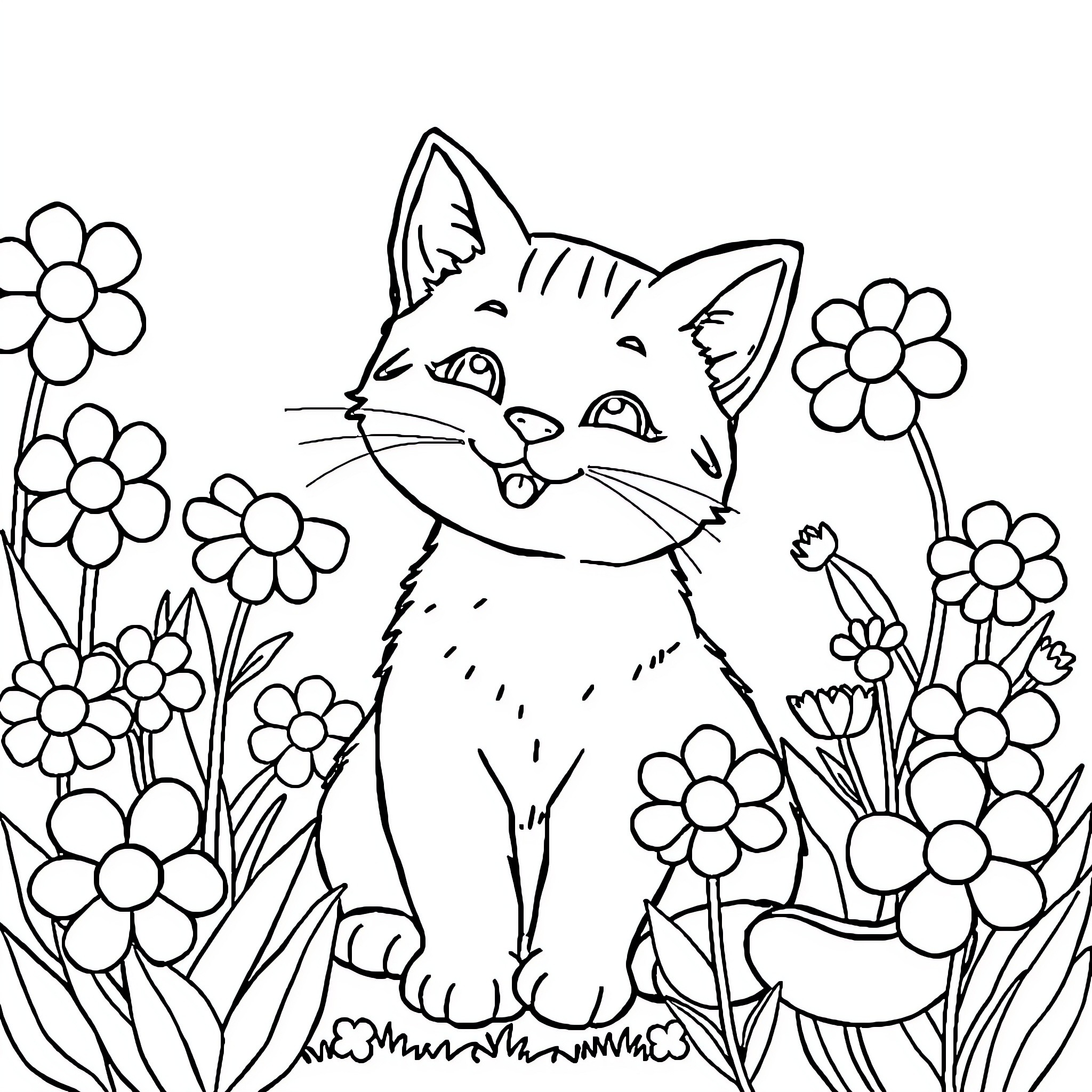 Cat in the Flower Garden Coloring Page (free black-and-white line drawing printable PDF for all, from beginners to advanced learners, including children, teens, adults, and seniors)