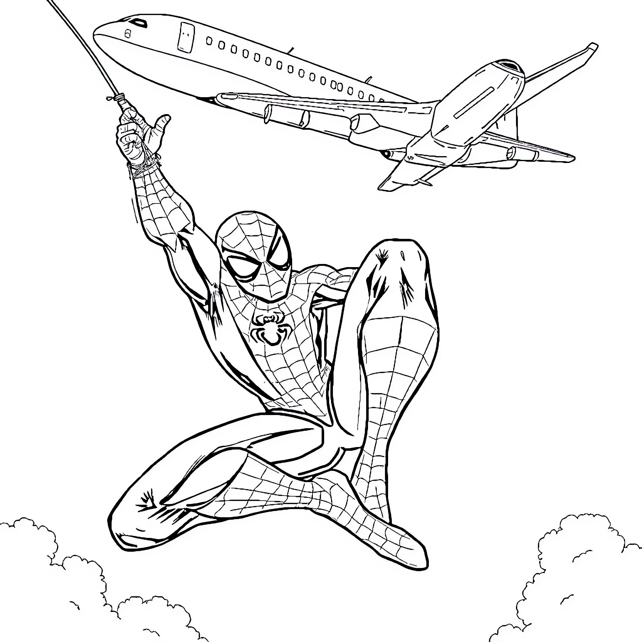 Spiderman swinging through the air near an airplane Coloring Page (free black-and-white line drawing printable PDF for all, from beginners to advanced learners, including children, teens, adults, and seniors)