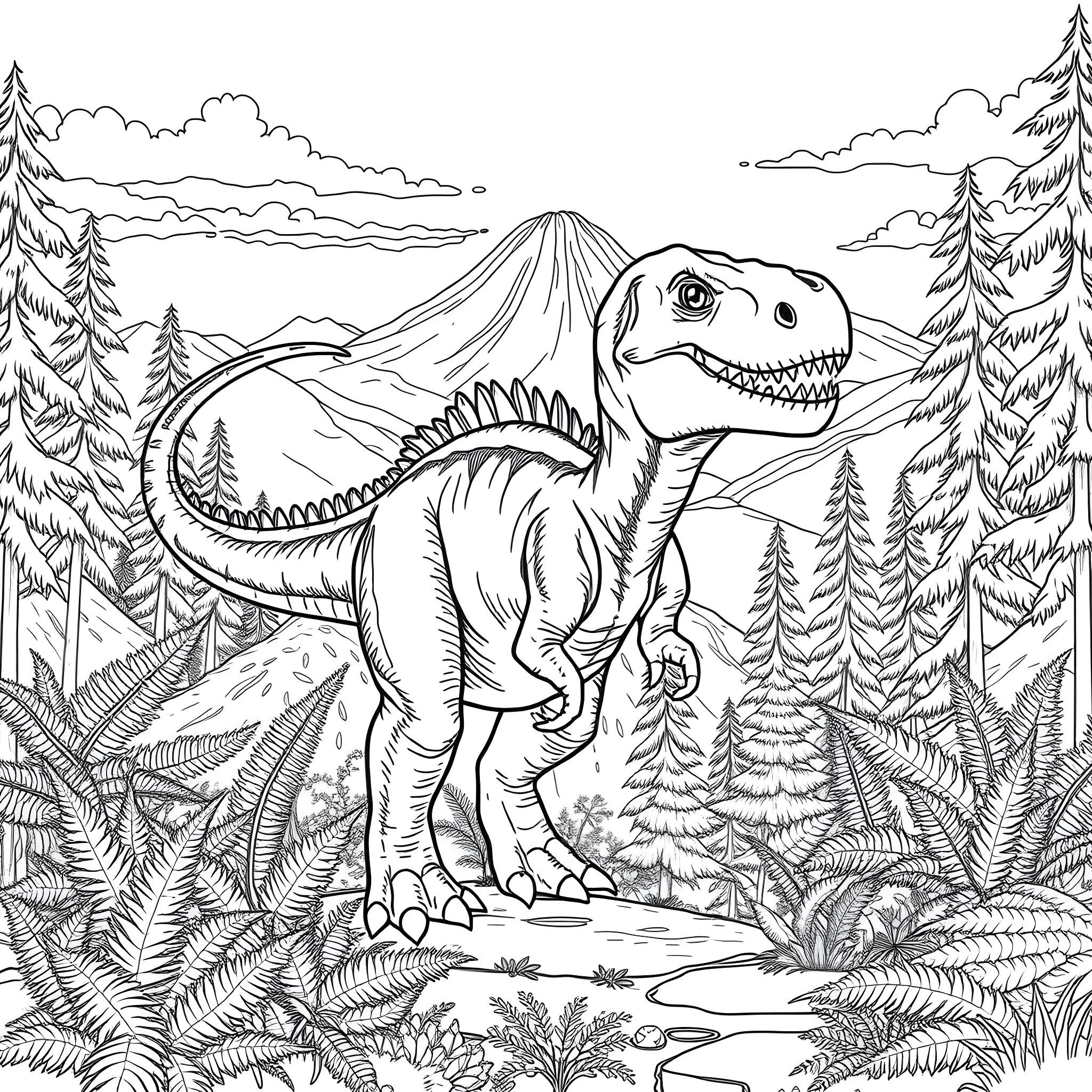 Dinosaur Exploring the Prehistoric Landscape Coloring Page (free black-and-white line drawing printable PDF for all, from beginners to advanced learners, including children, teens, adults, and seniors)