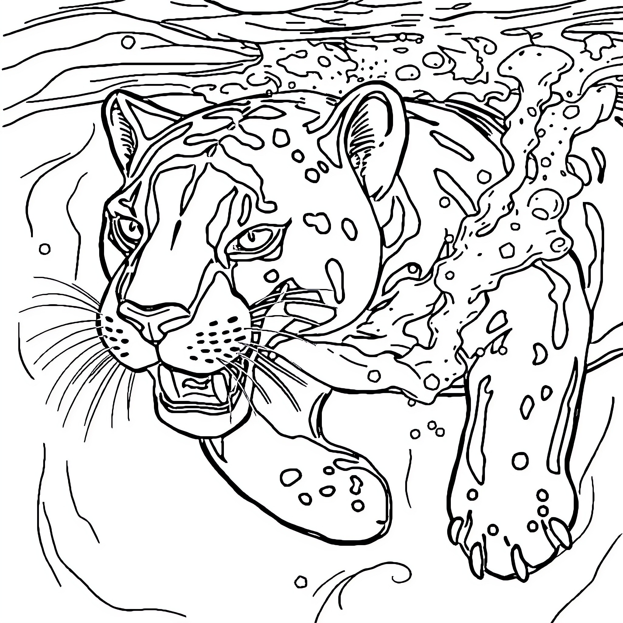 Panther stalking prey amidst foliage Coloring Page (free black-and-white line drawing printable PDF for all, from beginners to advanced learners, including children, teens, adults, and seniors)