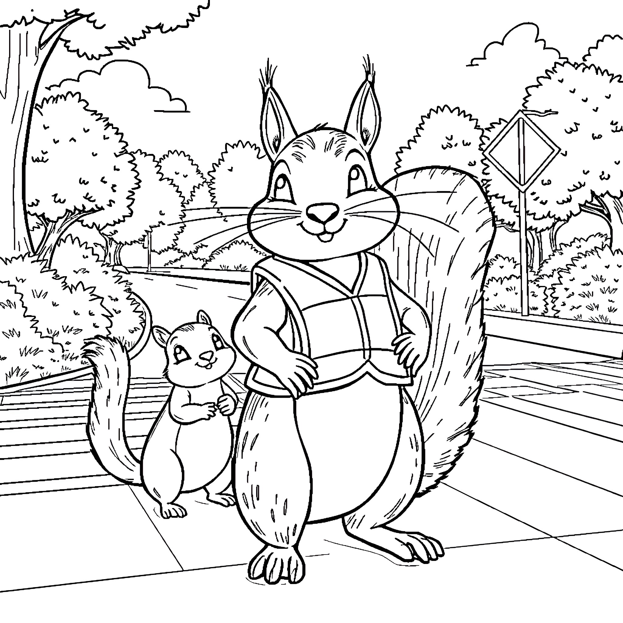 Squirrel friends enjoying a day outdoors Coloring Page (free black-and-white line drawing printable PDF for all, from beginners to advanced learners, including children, teens, adults, and seniors)