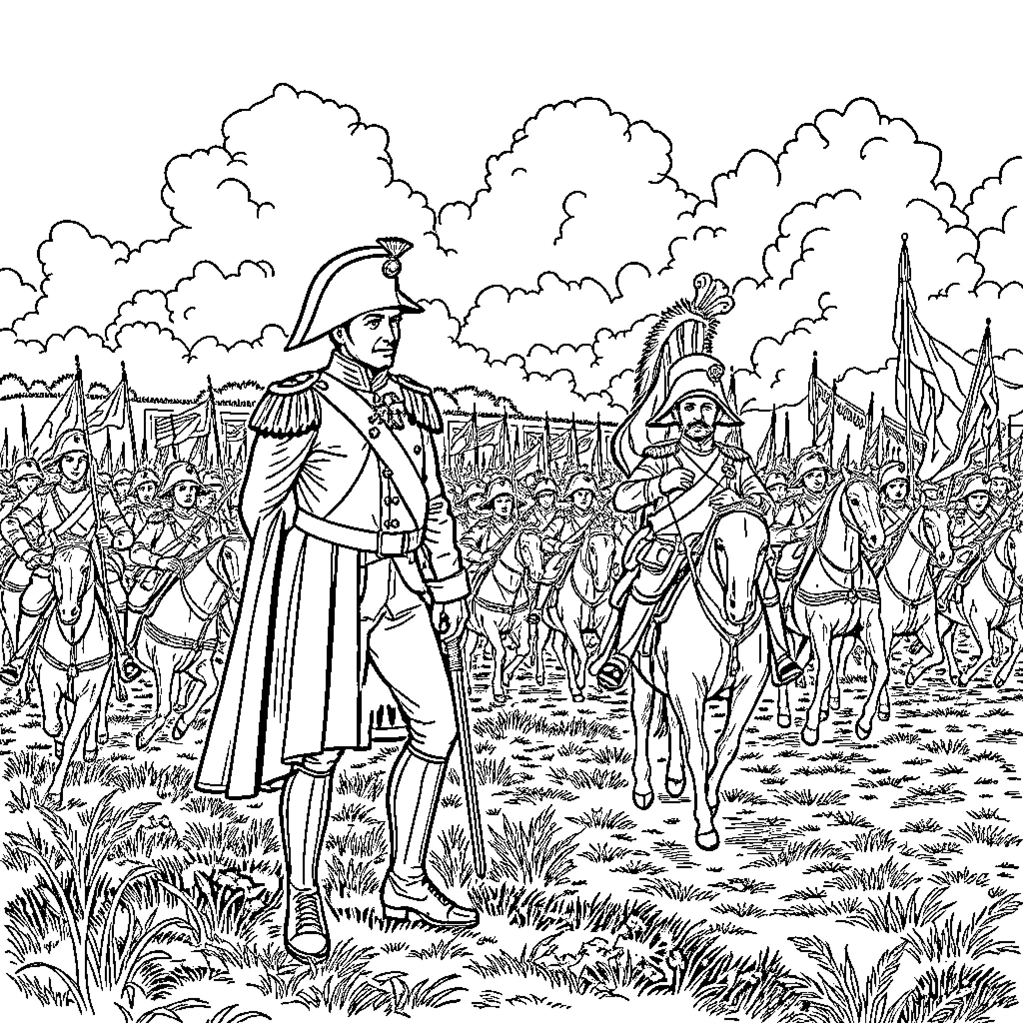 Napoleon leading his troops into battle Coloring Page (free black-and-white line drawing printable PDF for all, from beginners to advanced learners, including children, teens, adults, and seniors)