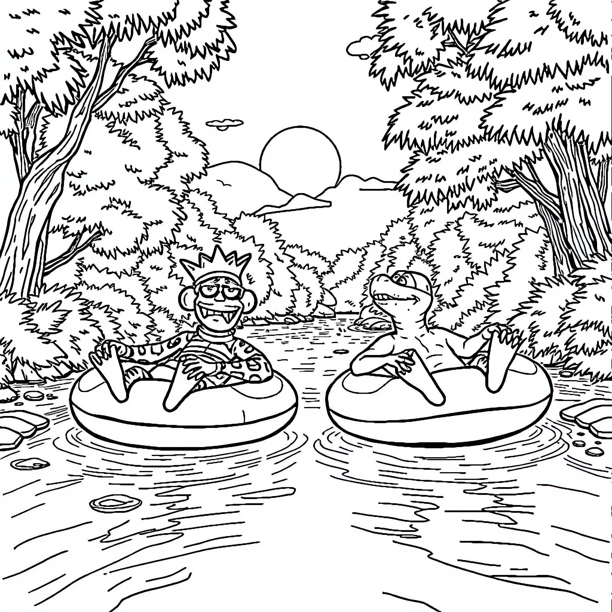 King Gizzard's Monstrous Friends Floating on the River Coloring Page (free black-and-white line drawing printable PDF for all, from beginners to advanced learners, including children, teens, adults, and seniors)